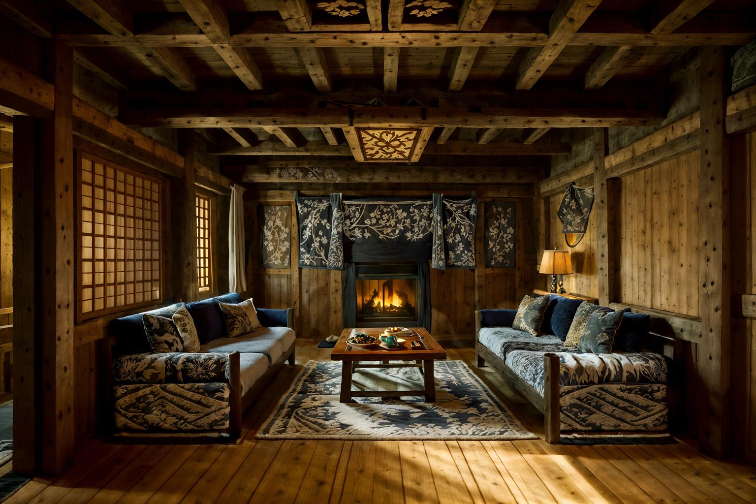 ski chalet-style (onsen interior) . with nature-inspired and richly patterned fabrics and mountain-inspired and exposed construction beams and layered textiles and animal furs and decorative carving and mouldings and wooden walls. . cinematic photo, highly detailed, cinematic lighting, ultra-detailed, ultrarealistic, photorealism, 8k. ski chalet interior design style. masterpiece, cinematic light, ultrarealistic+, photorealistic+, 8k, raw photo, realistic, sharp focus on eyes, (symmetrical eyes), (intact eyes), hyperrealistic, highest quality, best quality, , highly detailed, masterpiece, best quality, extremely detailed 8k wallpaper, masterpiece, best quality, ultra-detailed, best shadow, detailed background, detailed face, detailed eyes, high contrast, best illumination, detailed face, dulux, caustic, dynamic angle, detailed glow. dramatic lighting. highly detailed, insanely detailed hair, symmetrical, intricate details, professionally retouched, 8k high definition. strong bokeh. award winning photo.