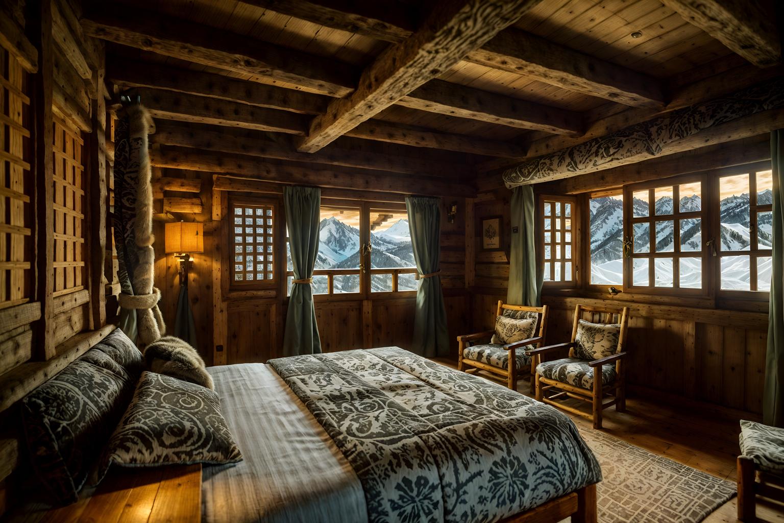 ski chalet-style (onsen interior) . with nature-inspired and richly patterned fabrics and mountain-inspired and exposed construction beams and layered textiles and animal furs and decorative carving and mouldings and wooden walls. . cinematic photo, highly detailed, cinematic lighting, ultra-detailed, ultrarealistic, photorealism, 8k. ski chalet interior design style. masterpiece, cinematic light, ultrarealistic+, photorealistic+, 8k, raw photo, realistic, sharp focus on eyes, (symmetrical eyes), (intact eyes), hyperrealistic, highest quality, best quality, , highly detailed, masterpiece, best quality, extremely detailed 8k wallpaper, masterpiece, best quality, ultra-detailed, best shadow, detailed background, detailed face, detailed eyes, high contrast, best illumination, detailed face, dulux, caustic, dynamic angle, detailed glow. dramatic lighting. highly detailed, insanely detailed hair, symmetrical, intricate details, professionally retouched, 8k high definition. strong bokeh. award winning photo.