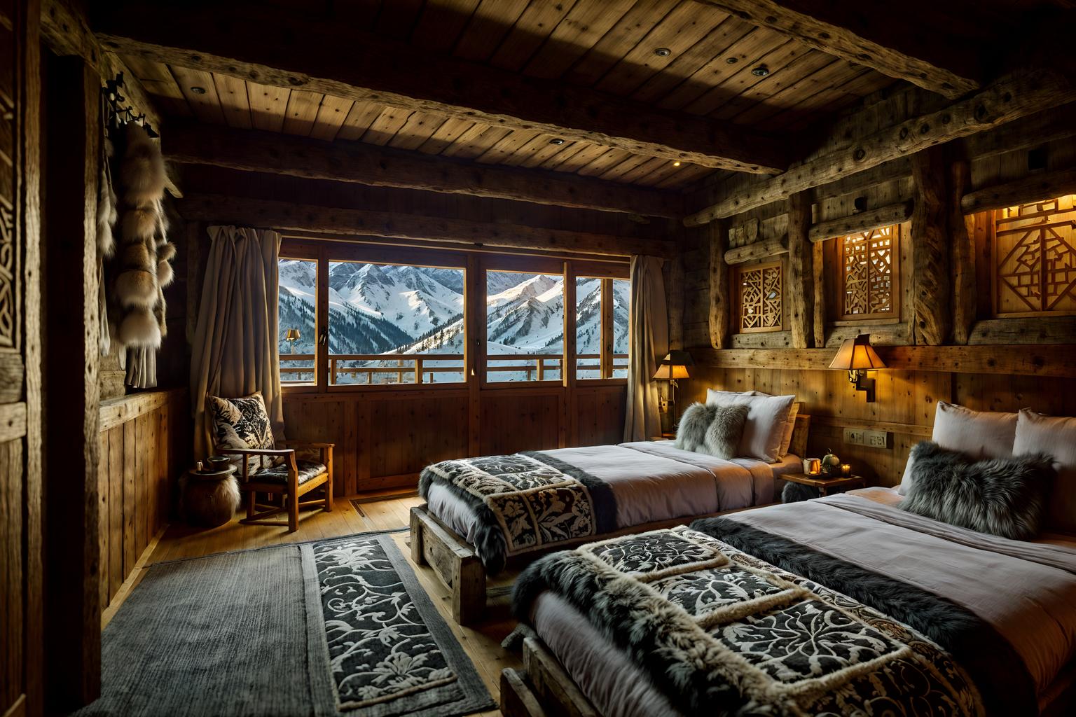 ski chalet-style (onsen interior) . with nature-inspired and richly patterned fabrics and mountain-inspired and exposed construction beams and layered textiles and animal furs and decorative carving and mouldings and wooden walls. . cinematic photo, highly detailed, cinematic lighting, ultra-detailed, ultrarealistic, photorealism, 8k. ski chalet interior design style. masterpiece, cinematic light, ultrarealistic+, photorealistic+, 8k, raw photo, realistic, sharp focus on eyes, (symmetrical eyes), (intact eyes), hyperrealistic, highest quality, best quality, , highly detailed, masterpiece, best quality, extremely detailed 8k wallpaper, masterpiece, best quality, ultra-detailed, best shadow, detailed background, detailed face, detailed eyes, high contrast, best illumination, detailed face, dulux, caustic, dynamic angle, detailed glow. dramatic lighting. highly detailed, insanely detailed hair, symmetrical, intricate details, professionally retouched, 8k high definition. strong bokeh. award winning photo.