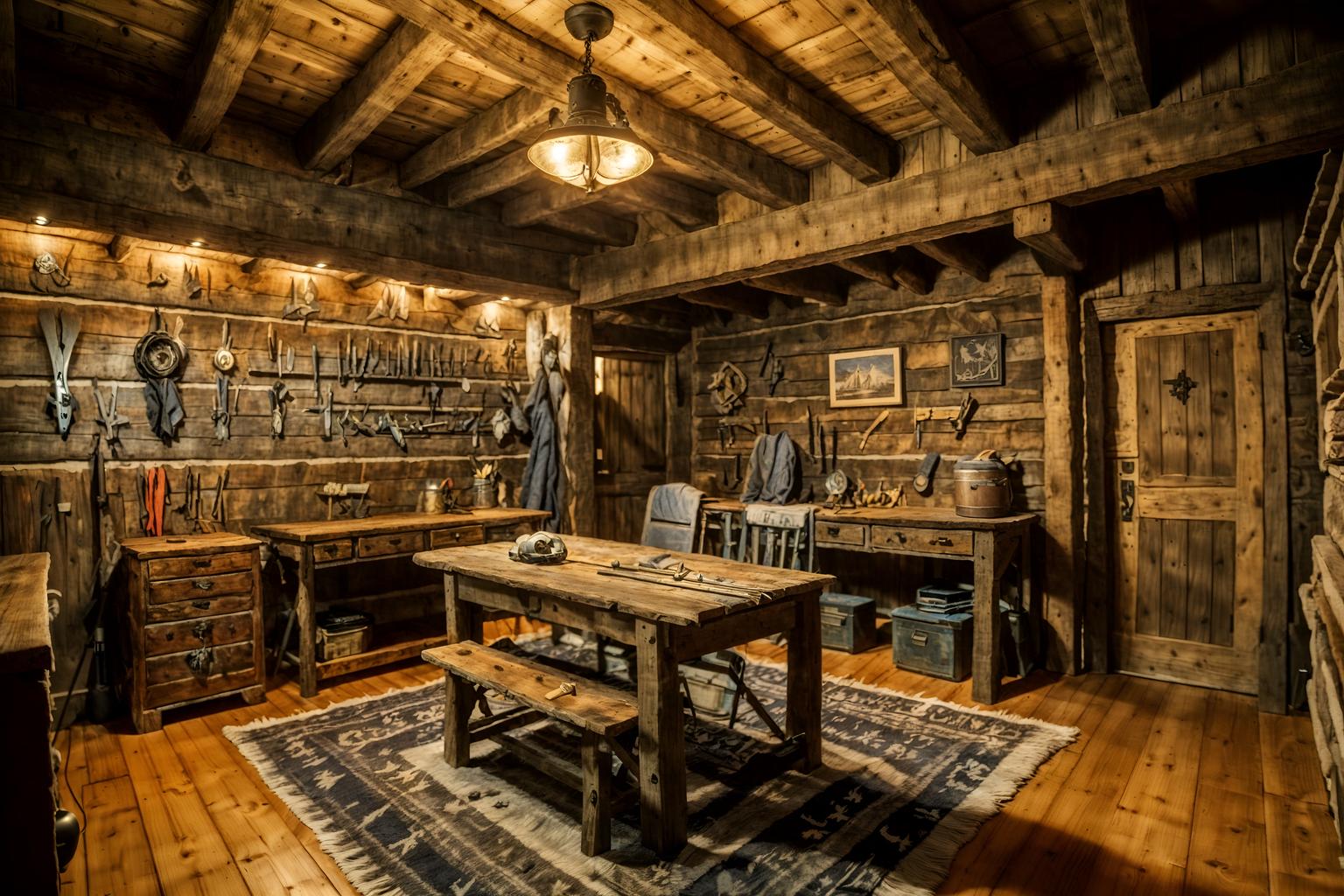 ski chalet-style (workshop interior) with wooden workbench and tool wall and messy and wooden workbench. . with wooden walls and exposed wood and ski-themed decor and animal furs and animal rugs and exposed construction beams and mountain-inspired and layered textiles. . cinematic photo, highly detailed, cinematic lighting, ultra-detailed, ultrarealistic, photorealism, 8k. ski chalet interior design style. masterpiece, cinematic light, ultrarealistic+, photorealistic+, 8k, raw photo, realistic, sharp focus on eyes, (symmetrical eyes), (intact eyes), hyperrealistic, highest quality, best quality, , highly detailed, masterpiece, best quality, extremely detailed 8k wallpaper, masterpiece, best quality, ultra-detailed, best shadow, detailed background, detailed face, detailed eyes, high contrast, best illumination, detailed face, dulux, caustic, dynamic angle, detailed glow. dramatic lighting. highly detailed, insanely detailed hair, symmetrical, intricate details, professionally retouched, 8k high definition. strong bokeh. award winning photo.