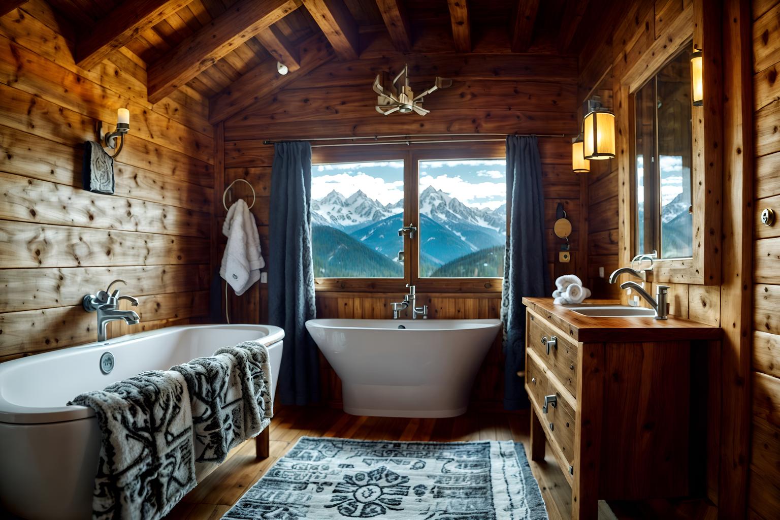 ski chalet-style (toilet interior) with sink with tap and toilet paper hanger and toilet with toilet seat up and sink with tap. . with exposed wood and richly patterned fabrics and exposed timber and animal furs and window with mountain views and animal rugs and layered textiles and mountain-inspired. . cinematic photo, highly detailed, cinematic lighting, ultra-detailed, ultrarealistic, photorealism, 8k. ski chalet interior design style. masterpiece, cinematic light, ultrarealistic+, photorealistic+, 8k, raw photo, realistic, sharp focus on eyes, (symmetrical eyes), (intact eyes), hyperrealistic, highest quality, best quality, , highly detailed, masterpiece, best quality, extremely detailed 8k wallpaper, masterpiece, best quality, ultra-detailed, best shadow, detailed background, detailed face, detailed eyes, high contrast, best illumination, detailed face, dulux, caustic, dynamic angle, detailed glow. dramatic lighting. highly detailed, insanely detailed hair, symmetrical, intricate details, professionally retouched, 8k high definition. strong bokeh. award winning photo.