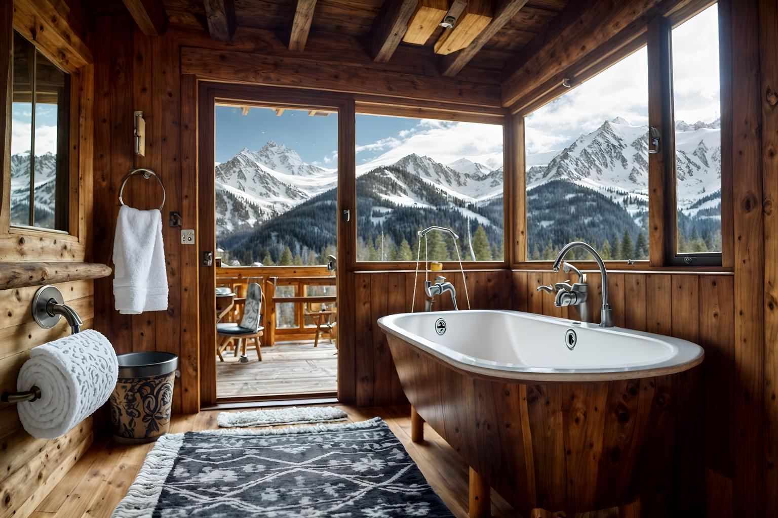 ski chalet-style (toilet interior) with sink with tap and toilet paper hanger and toilet with toilet seat up and sink with tap. . with exposed wood and richly patterned fabrics and exposed timber and animal furs and window with mountain views and animal rugs and layered textiles and mountain-inspired. . cinematic photo, highly detailed, cinematic lighting, ultra-detailed, ultrarealistic, photorealism, 8k. ski chalet interior design style. masterpiece, cinematic light, ultrarealistic+, photorealistic+, 8k, raw photo, realistic, sharp focus on eyes, (symmetrical eyes), (intact eyes), hyperrealistic, highest quality, best quality, , highly detailed, masterpiece, best quality, extremely detailed 8k wallpaper, masterpiece, best quality, ultra-detailed, best shadow, detailed background, detailed face, detailed eyes, high contrast, best illumination, detailed face, dulux, caustic, dynamic angle, detailed glow. dramatic lighting. highly detailed, insanely detailed hair, symmetrical, intricate details, professionally retouched, 8k high definition. strong bokeh. award winning photo.