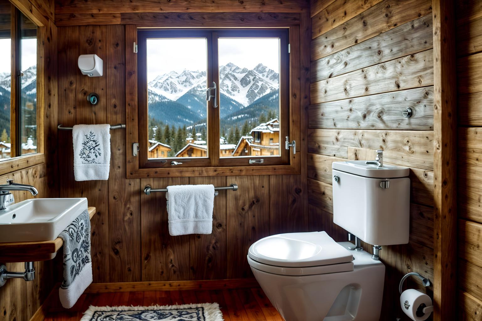 ski chalet-style (toilet interior) with sink with tap and toilet paper hanger and toilet with toilet seat up and sink with tap. . with exposed wood and richly patterned fabrics and exposed timber and animal furs and window with mountain views and animal rugs and layered textiles and mountain-inspired. . cinematic photo, highly detailed, cinematic lighting, ultra-detailed, ultrarealistic, photorealism, 8k. ski chalet interior design style. masterpiece, cinematic light, ultrarealistic+, photorealistic+, 8k, raw photo, realistic, sharp focus on eyes, (symmetrical eyes), (intact eyes), hyperrealistic, highest quality, best quality, , highly detailed, masterpiece, best quality, extremely detailed 8k wallpaper, masterpiece, best quality, ultra-detailed, best shadow, detailed background, detailed face, detailed eyes, high contrast, best illumination, detailed face, dulux, caustic, dynamic angle, detailed glow. dramatic lighting. highly detailed, insanely detailed hair, symmetrical, intricate details, professionally retouched, 8k high definition. strong bokeh. award winning photo.