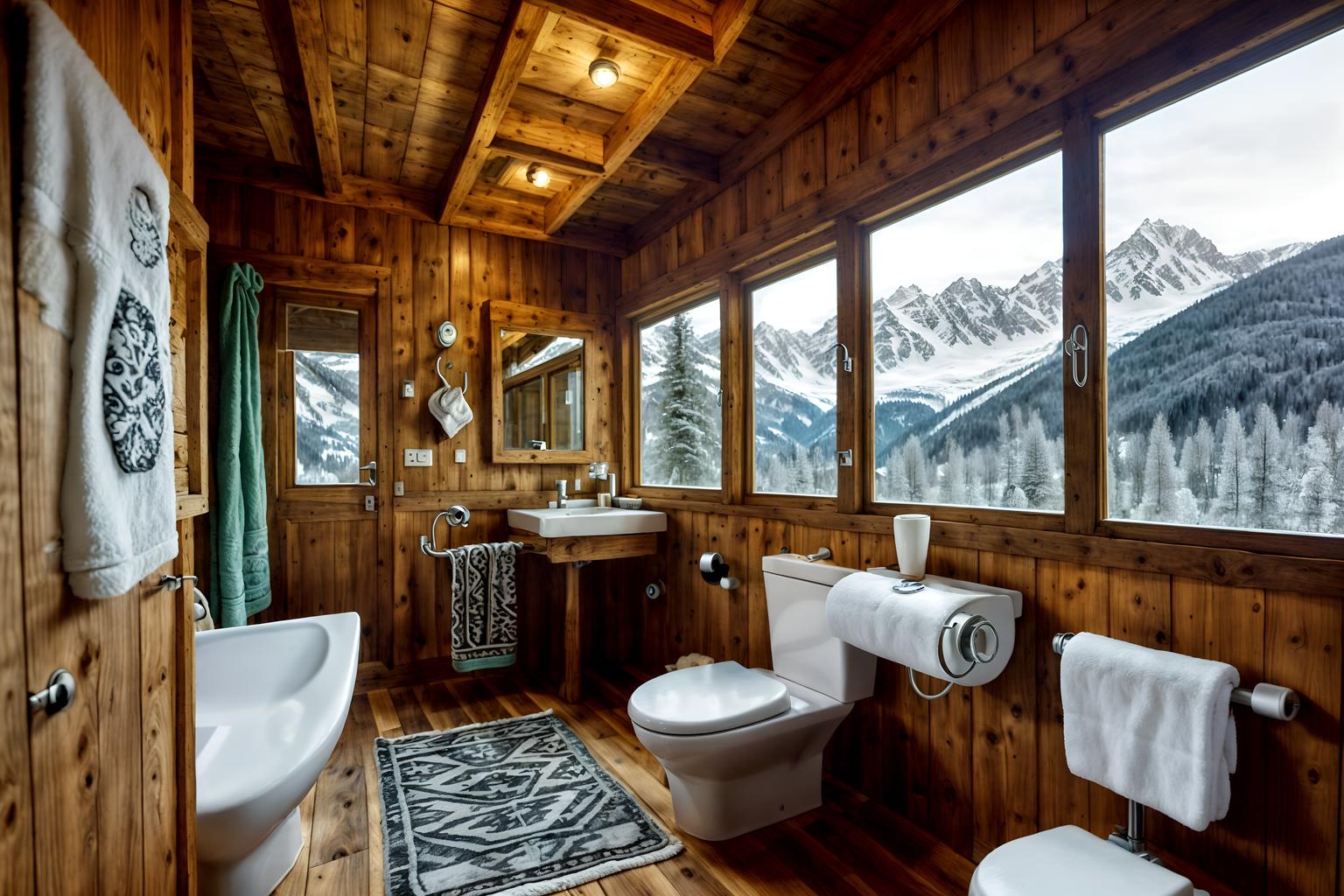 ski chalet-style (toilet interior) with sink with tap and toilet paper hanger and toilet with toilet seat up and sink with tap. . with exposed wood and richly patterned fabrics and exposed timber and animal furs and window with mountain views and animal rugs and layered textiles and mountain-inspired. . cinematic photo, highly detailed, cinematic lighting, ultra-detailed, ultrarealistic, photorealism, 8k. ski chalet interior design style. masterpiece, cinematic light, ultrarealistic+, photorealistic+, 8k, raw photo, realistic, sharp focus on eyes, (symmetrical eyes), (intact eyes), hyperrealistic, highest quality, best quality, , highly detailed, masterpiece, best quality, extremely detailed 8k wallpaper, masterpiece, best quality, ultra-detailed, best shadow, detailed background, detailed face, detailed eyes, high contrast, best illumination, detailed face, dulux, caustic, dynamic angle, detailed glow. dramatic lighting. highly detailed, insanely detailed hair, symmetrical, intricate details, professionally retouched, 8k high definition. strong bokeh. award winning photo.