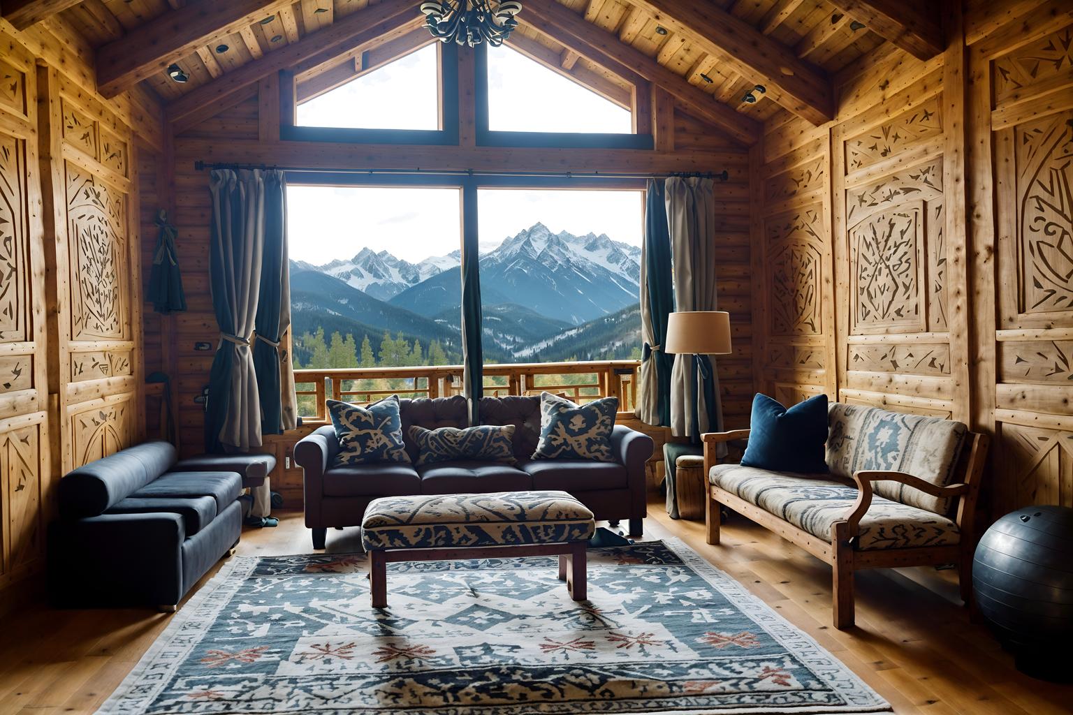 ski chalet-style (fitness gym interior) with bench press and squat rack and dumbbell stand and crosstrainer and exercise bicycle and bench press. . with animal motifs and decorative carving and mouldings and richly patterned fabrics and mountain-inspired and window with mountain views and exposed construction beams and ski-themed decor and animal rugs. . cinematic photo, highly detailed, cinematic lighting, ultra-detailed, ultrarealistic, photorealism, 8k. ski chalet interior design style. masterpiece, cinematic light, ultrarealistic+, photorealistic+, 8k, raw photo, realistic, sharp focus on eyes, (symmetrical eyes), (intact eyes), hyperrealistic, highest quality, best quality, , highly detailed, masterpiece, best quality, extremely detailed 8k wallpaper, masterpiece, best quality, ultra-detailed, best shadow, detailed background, detailed face, detailed eyes, high contrast, best illumination, detailed face, dulux, caustic, dynamic angle, detailed glow. dramatic lighting. highly detailed, insanely detailed hair, symmetrical, intricate details, professionally retouched, 8k high definition. strong bokeh. award winning photo.