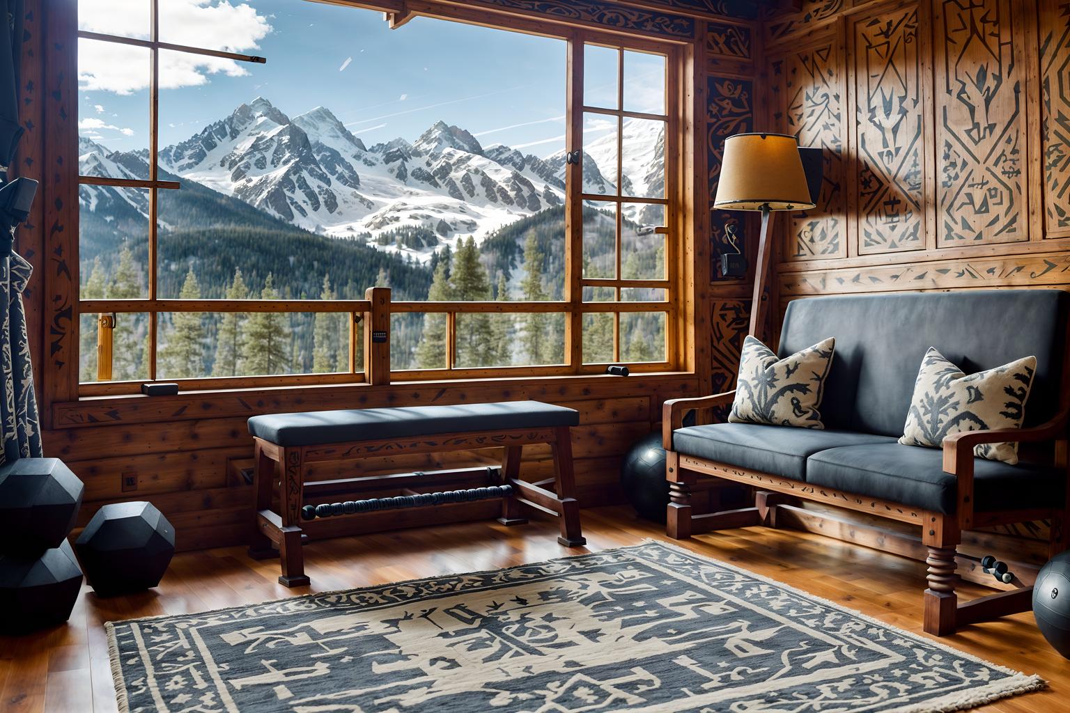 ski chalet-style (fitness gym interior) with bench press and squat rack and dumbbell stand and crosstrainer and exercise bicycle and bench press. . with animal motifs and decorative carving and mouldings and richly patterned fabrics and mountain-inspired and window with mountain views and exposed construction beams and ski-themed decor and animal rugs. . cinematic photo, highly detailed, cinematic lighting, ultra-detailed, ultrarealistic, photorealism, 8k. ski chalet interior design style. masterpiece, cinematic light, ultrarealistic+, photorealistic+, 8k, raw photo, realistic, sharp focus on eyes, (symmetrical eyes), (intact eyes), hyperrealistic, highest quality, best quality, , highly detailed, masterpiece, best quality, extremely detailed 8k wallpaper, masterpiece, best quality, ultra-detailed, best shadow, detailed background, detailed face, detailed eyes, high contrast, best illumination, detailed face, dulux, caustic, dynamic angle, detailed glow. dramatic lighting. highly detailed, insanely detailed hair, symmetrical, intricate details, professionally retouched, 8k high definition. strong bokeh. award winning photo.