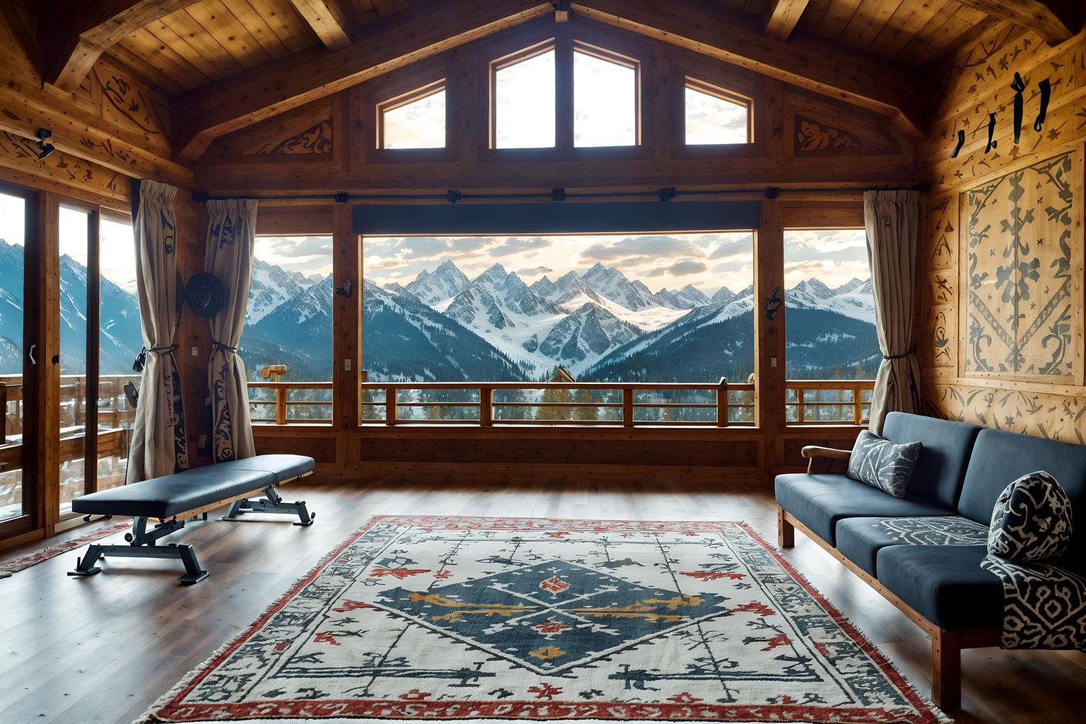 ski chalet-style (fitness gym interior) with bench press and squat rack and dumbbell stand and crosstrainer and exercise bicycle and bench press. . with animal motifs and decorative carving and mouldings and richly patterned fabrics and mountain-inspired and window with mountain views and exposed construction beams and ski-themed decor and animal rugs. . cinematic photo, highly detailed, cinematic lighting, ultra-detailed, ultrarealistic, photorealism, 8k. ski chalet interior design style. masterpiece, cinematic light, ultrarealistic+, photorealistic+, 8k, raw photo, realistic, sharp focus on eyes, (symmetrical eyes), (intact eyes), hyperrealistic, highest quality, best quality, , highly detailed, masterpiece, best quality, extremely detailed 8k wallpaper, masterpiece, best quality, ultra-detailed, best shadow, detailed background, detailed face, detailed eyes, high contrast, best illumination, detailed face, dulux, caustic, dynamic angle, detailed glow. dramatic lighting. highly detailed, insanely detailed hair, symmetrical, intricate details, professionally retouched, 8k high definition. strong bokeh. award winning photo.