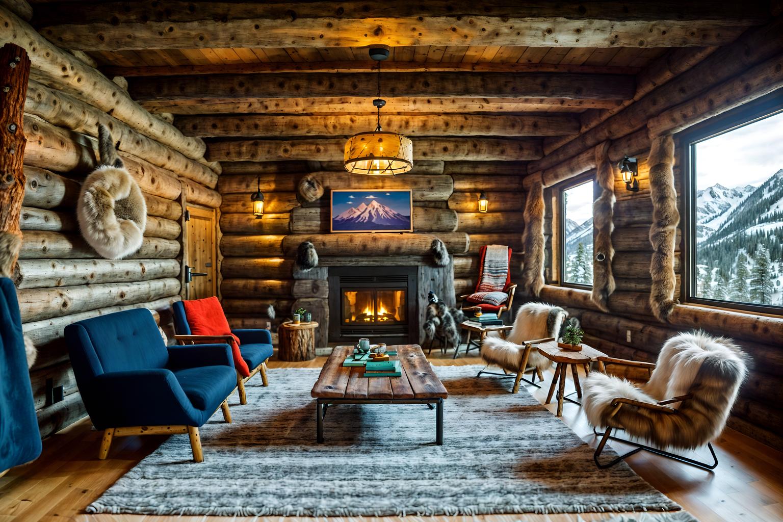 ski chalet-style (coworking space interior) with lounge chairs and seating area with sofa and office chairs and office desks and lounge chairs. . with layered textiles and wooden logs and ski-themed decor and exposed construction beams and mountain-inspired and animal rugs and animal furs and wooden walls. . cinematic photo, highly detailed, cinematic lighting, ultra-detailed, ultrarealistic, photorealism, 8k. ski chalet interior design style. masterpiece, cinematic light, ultrarealistic+, photorealistic+, 8k, raw photo, realistic, sharp focus on eyes, (symmetrical eyes), (intact eyes), hyperrealistic, highest quality, best quality, , highly detailed, masterpiece, best quality, extremely detailed 8k wallpaper, masterpiece, best quality, ultra-detailed, best shadow, detailed background, detailed face, detailed eyes, high contrast, best illumination, detailed face, dulux, caustic, dynamic angle, detailed glow. dramatic lighting. highly detailed, insanely detailed hair, symmetrical, intricate details, professionally retouched, 8k high definition. strong bokeh. award winning photo.