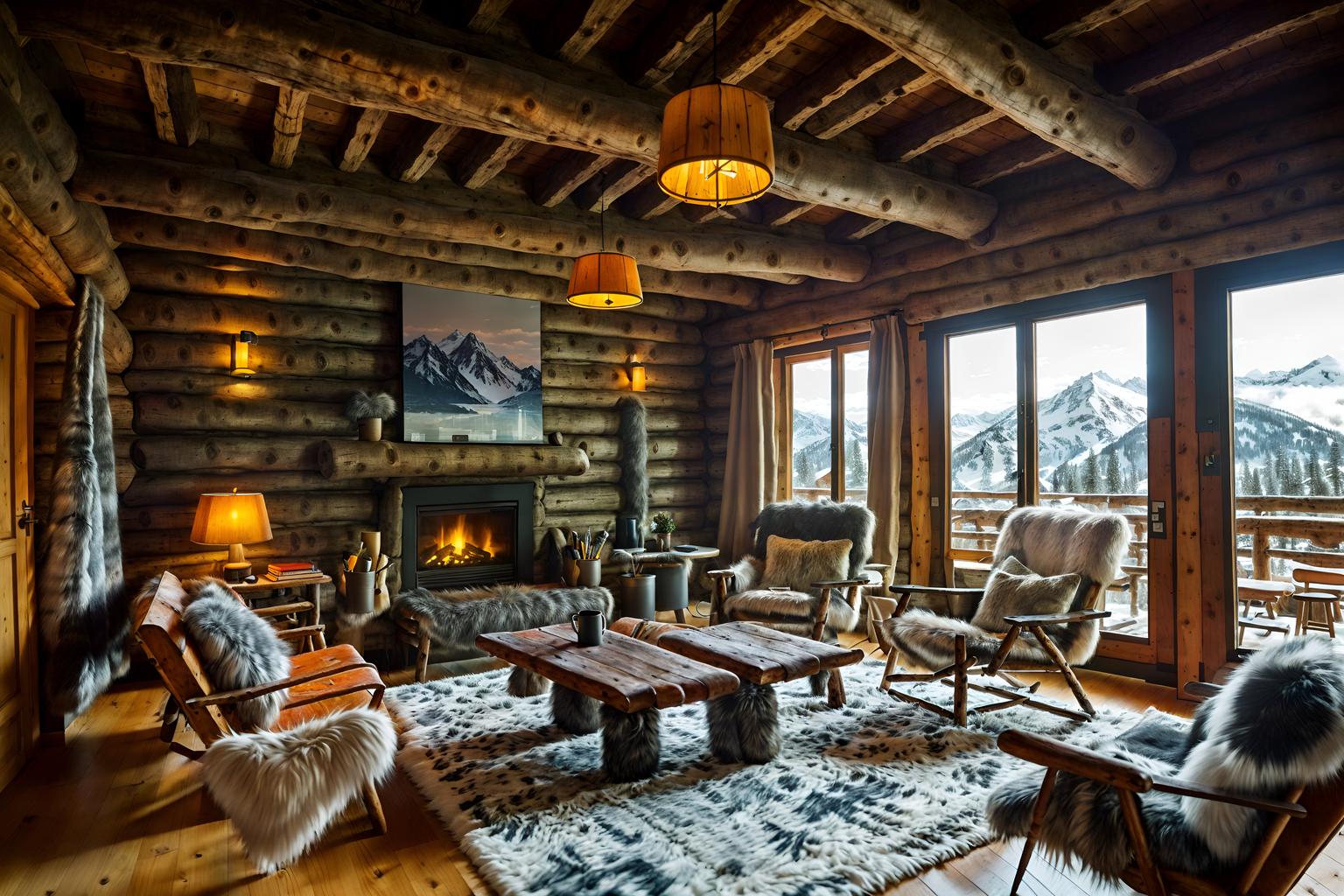 ski chalet-style (coworking space interior) with lounge chairs and seating area with sofa and office chairs and office desks and lounge chairs. . with layered textiles and wooden logs and ski-themed decor and exposed construction beams and mountain-inspired and animal rugs and animal furs and wooden walls. . cinematic photo, highly detailed, cinematic lighting, ultra-detailed, ultrarealistic, photorealism, 8k. ski chalet interior design style. masterpiece, cinematic light, ultrarealistic+, photorealistic+, 8k, raw photo, realistic, sharp focus on eyes, (symmetrical eyes), (intact eyes), hyperrealistic, highest quality, best quality, , highly detailed, masterpiece, best quality, extremely detailed 8k wallpaper, masterpiece, best quality, ultra-detailed, best shadow, detailed background, detailed face, detailed eyes, high contrast, best illumination, detailed face, dulux, caustic, dynamic angle, detailed glow. dramatic lighting. highly detailed, insanely detailed hair, symmetrical, intricate details, professionally retouched, 8k high definition. strong bokeh. award winning photo.