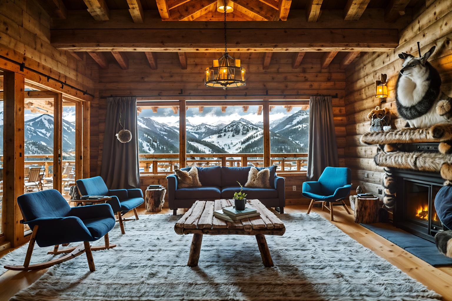 ski chalet-style (coworking space interior) with lounge chairs and seating area with sofa and office chairs and office desks and lounge chairs. . with layered textiles and wooden logs and ski-themed decor and exposed construction beams and mountain-inspired and animal rugs and animal furs and wooden walls. . cinematic photo, highly detailed, cinematic lighting, ultra-detailed, ultrarealistic, photorealism, 8k. ski chalet interior design style. masterpiece, cinematic light, ultrarealistic+, photorealistic+, 8k, raw photo, realistic, sharp focus on eyes, (symmetrical eyes), (intact eyes), hyperrealistic, highest quality, best quality, , highly detailed, masterpiece, best quality, extremely detailed 8k wallpaper, masterpiece, best quality, ultra-detailed, best shadow, detailed background, detailed face, detailed eyes, high contrast, best illumination, detailed face, dulux, caustic, dynamic angle, detailed glow. dramatic lighting. highly detailed, insanely detailed hair, symmetrical, intricate details, professionally retouched, 8k high definition. strong bokeh. award winning photo.