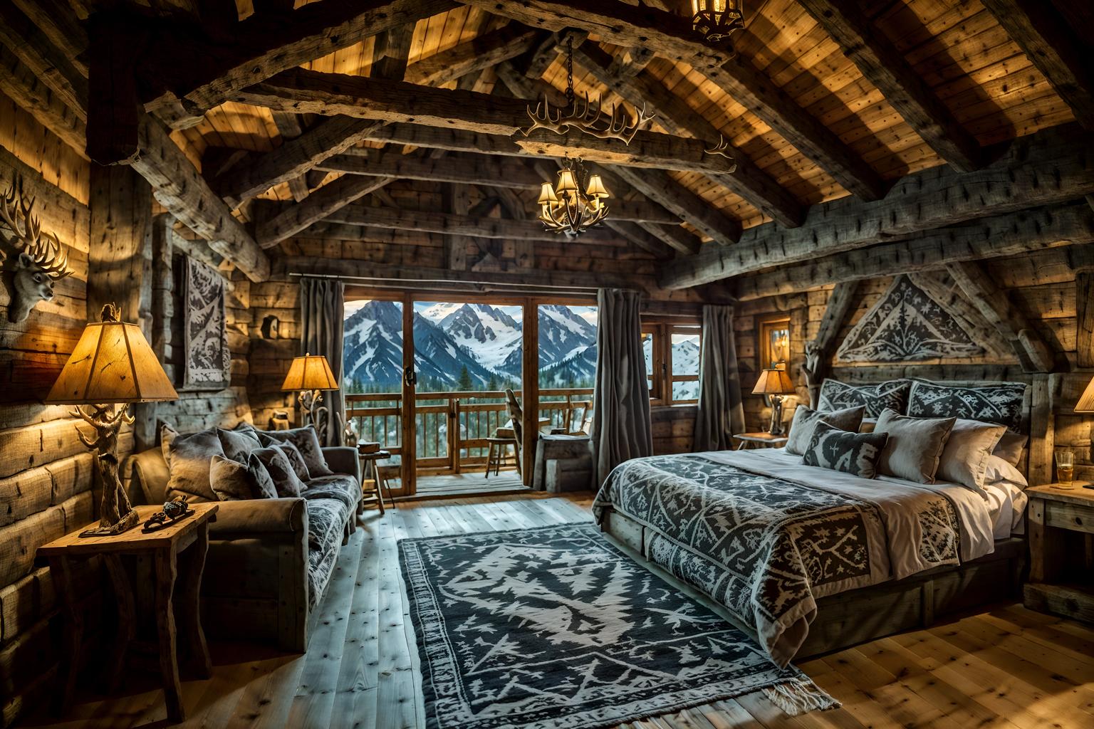 ski chalet-style (attic interior) . with mountain-inspired and animal motifs and exposed construction beams and richly patterned fabrics and hanging wall elk antler and decorative carving and mouldings and wood beams and nature-inspired. . cinematic photo, highly detailed, cinematic lighting, ultra-detailed, ultrarealistic, photorealism, 8k. ski chalet interior design style. masterpiece, cinematic light, ultrarealistic+, photorealistic+, 8k, raw photo, realistic, sharp focus on eyes, (symmetrical eyes), (intact eyes), hyperrealistic, highest quality, best quality, , highly detailed, masterpiece, best quality, extremely detailed 8k wallpaper, masterpiece, best quality, ultra-detailed, best shadow, detailed background, detailed face, detailed eyes, high contrast, best illumination, detailed face, dulux, caustic, dynamic angle, detailed glow. dramatic lighting. highly detailed, insanely detailed hair, symmetrical, intricate details, professionally retouched, 8k high definition. strong bokeh. award winning photo.