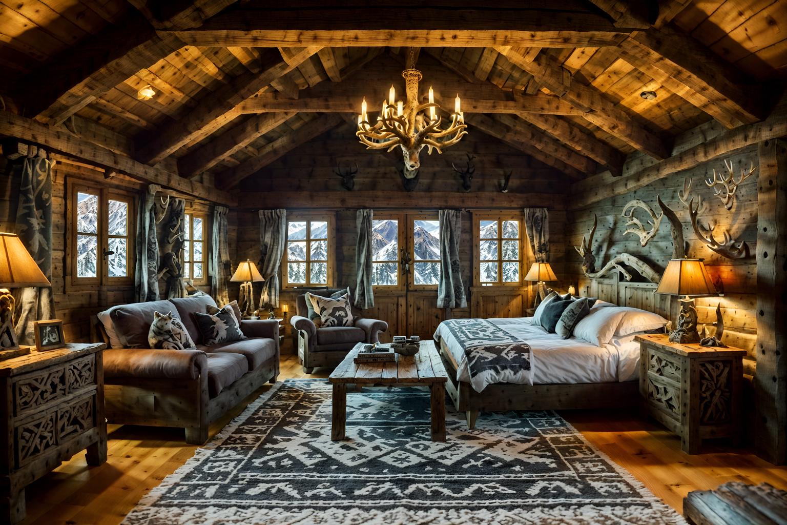 ski chalet-style (attic interior) . with mountain-inspired and animal motifs and exposed construction beams and richly patterned fabrics and hanging wall elk antler and decorative carving and mouldings and wood beams and nature-inspired. . cinematic photo, highly detailed, cinematic lighting, ultra-detailed, ultrarealistic, photorealism, 8k. ski chalet interior design style. masterpiece, cinematic light, ultrarealistic+, photorealistic+, 8k, raw photo, realistic, sharp focus on eyes, (symmetrical eyes), (intact eyes), hyperrealistic, highest quality, best quality, , highly detailed, masterpiece, best quality, extremely detailed 8k wallpaper, masterpiece, best quality, ultra-detailed, best shadow, detailed background, detailed face, detailed eyes, high contrast, best illumination, detailed face, dulux, caustic, dynamic angle, detailed glow. dramatic lighting. highly detailed, insanely detailed hair, symmetrical, intricate details, professionally retouched, 8k high definition. strong bokeh. award winning photo.