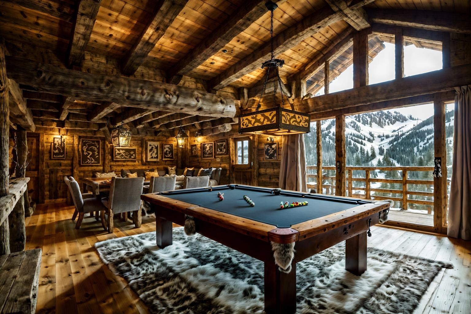 ski chalet-style (gaming room interior) . with animal furs and animal motifs and nature-inspired and exposed timber and wood beams and wooden walls and rustic and richly patterned fabrics. . cinematic photo, highly detailed, cinematic lighting, ultra-detailed, ultrarealistic, photorealism, 8k. ski chalet interior design style. masterpiece, cinematic light, ultrarealistic+, photorealistic+, 8k, raw photo, realistic, sharp focus on eyes, (symmetrical eyes), (intact eyes), hyperrealistic, highest quality, best quality, , highly detailed, masterpiece, best quality, extremely detailed 8k wallpaper, masterpiece, best quality, ultra-detailed, best shadow, detailed background, detailed face, detailed eyes, high contrast, best illumination, detailed face, dulux, caustic, dynamic angle, detailed glow. dramatic lighting. highly detailed, insanely detailed hair, symmetrical, intricate details, professionally retouched, 8k high definition. strong bokeh. award winning photo.