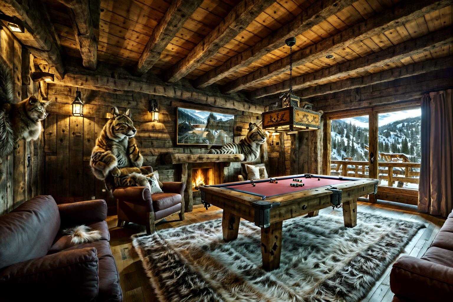 ski chalet-style (gaming room interior) . with animal furs and animal motifs and nature-inspired and exposed timber and wood beams and wooden walls and rustic and richly patterned fabrics. . cinematic photo, highly detailed, cinematic lighting, ultra-detailed, ultrarealistic, photorealism, 8k. ski chalet interior design style. masterpiece, cinematic light, ultrarealistic+, photorealistic+, 8k, raw photo, realistic, sharp focus on eyes, (symmetrical eyes), (intact eyes), hyperrealistic, highest quality, best quality, , highly detailed, masterpiece, best quality, extremely detailed 8k wallpaper, masterpiece, best quality, ultra-detailed, best shadow, detailed background, detailed face, detailed eyes, high contrast, best illumination, detailed face, dulux, caustic, dynamic angle, detailed glow. dramatic lighting. highly detailed, insanely detailed hair, symmetrical, intricate details, professionally retouched, 8k high definition. strong bokeh. award winning photo.