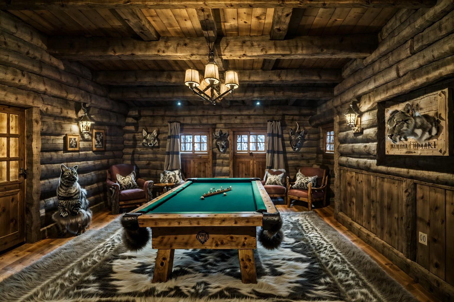 ski chalet-style (gaming room interior) . with animal furs and animal motifs and nature-inspired and exposed timber and wood beams and wooden walls and rustic and richly patterned fabrics. . cinematic photo, highly detailed, cinematic lighting, ultra-detailed, ultrarealistic, photorealism, 8k. ski chalet interior design style. masterpiece, cinematic light, ultrarealistic+, photorealistic+, 8k, raw photo, realistic, sharp focus on eyes, (symmetrical eyes), (intact eyes), hyperrealistic, highest quality, best quality, , highly detailed, masterpiece, best quality, extremely detailed 8k wallpaper, masterpiece, best quality, ultra-detailed, best shadow, detailed background, detailed face, detailed eyes, high contrast, best illumination, detailed face, dulux, caustic, dynamic angle, detailed glow. dramatic lighting. highly detailed, insanely detailed hair, symmetrical, intricate details, professionally retouched, 8k high definition. strong bokeh. award winning photo.