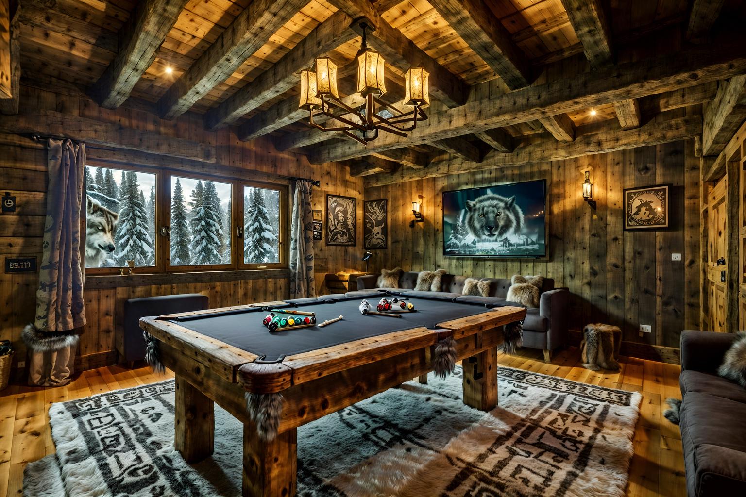 ski chalet-style (gaming room interior) . with animal furs and animal motifs and nature-inspired and exposed timber and wood beams and wooden walls and rustic and richly patterned fabrics. . cinematic photo, highly detailed, cinematic lighting, ultra-detailed, ultrarealistic, photorealism, 8k. ski chalet interior design style. masterpiece, cinematic light, ultrarealistic+, photorealistic+, 8k, raw photo, realistic, sharp focus on eyes, (symmetrical eyes), (intact eyes), hyperrealistic, highest quality, best quality, , highly detailed, masterpiece, best quality, extremely detailed 8k wallpaper, masterpiece, best quality, ultra-detailed, best shadow, detailed background, detailed face, detailed eyes, high contrast, best illumination, detailed face, dulux, caustic, dynamic angle, detailed glow. dramatic lighting. highly detailed, insanely detailed hair, symmetrical, intricate details, professionally retouched, 8k high definition. strong bokeh. award winning photo.