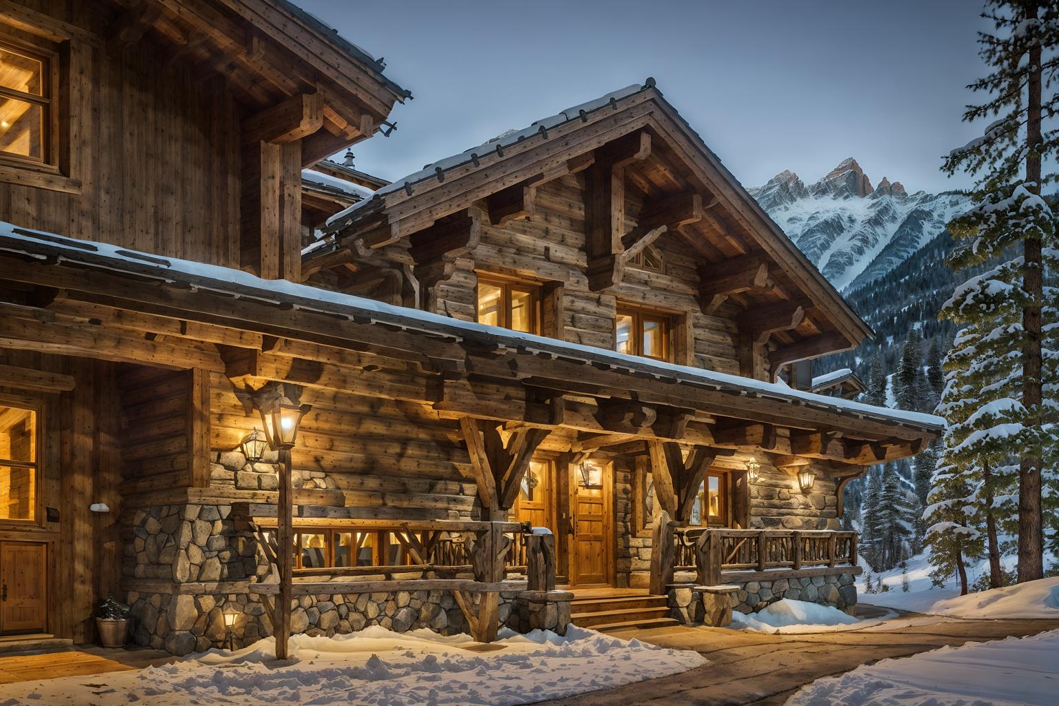 ski chalet-style exterior designed (house exterior exterior) . with exposed wood and wood beams and mountain-inspired and hanging wall elk antler and window with mountain views and animal motifs and exposed timber and stone fireplace. . cinematic photo, highly detailed, cinematic lighting, ultra-detailed, ultrarealistic, photorealism, 8k. ski chalet exterior design style. masterpiece, cinematic light, ultrarealistic+, photorealistic+, 8k, raw photo, realistic, sharp focus on eyes, (symmetrical eyes), (intact eyes), hyperrealistic, highest quality, best quality, , highly detailed, masterpiece, best quality, extremely detailed 8k wallpaper, masterpiece, best quality, ultra-detailed, best shadow, detailed background, detailed face, detailed eyes, high contrast, best illumination, detailed face, dulux, caustic, dynamic angle, detailed glow. dramatic lighting. highly detailed, insanely detailed hair, symmetrical, intricate details, professionally retouched, 8k high definition. strong bokeh. award winning photo.