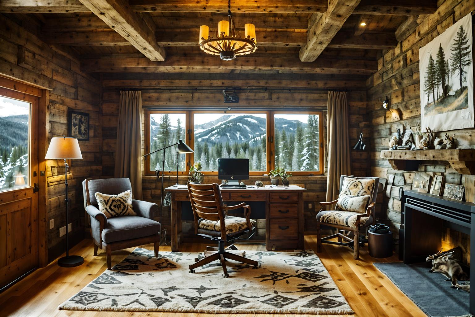 ski chalet-style (home office interior) with office chair and computer desk and plant and desk lamp and cabinets and office chair. . with exposed wood and nature-inspired and richly patterned fabrics and layered textiles and stone fireplace and animal furs and exposed construction beams and hanging wall elk antler. . cinematic photo, highly detailed, cinematic lighting, ultra-detailed, ultrarealistic, photorealism, 8k. ski chalet interior design style. masterpiece, cinematic light, ultrarealistic+, photorealistic+, 8k, raw photo, realistic, sharp focus on eyes, (symmetrical eyes), (intact eyes), hyperrealistic, highest quality, best quality, , highly detailed, masterpiece, best quality, extremely detailed 8k wallpaper, masterpiece, best quality, ultra-detailed, best shadow, detailed background, detailed face, detailed eyes, high contrast, best illumination, detailed face, dulux, caustic, dynamic angle, detailed glow. dramatic lighting. highly detailed, insanely detailed hair, symmetrical, intricate details, professionally retouched, 8k high definition. strong bokeh. award winning photo.