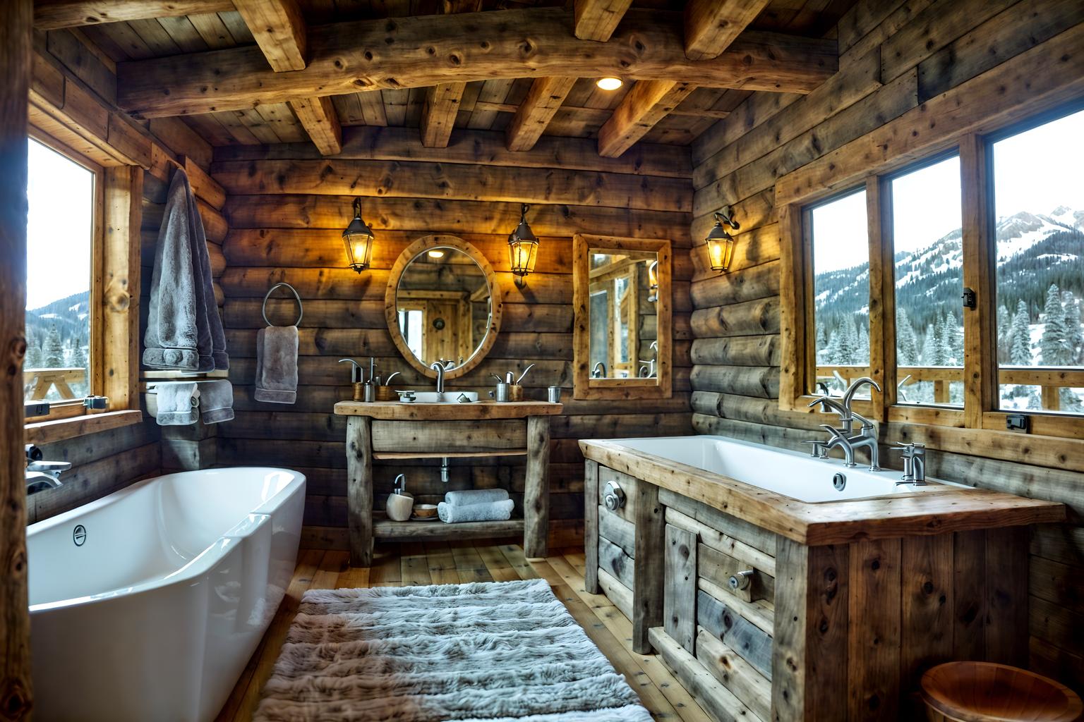 ski chalet-style (bathroom interior) with mirror and bathroom sink with faucet and bathtub and toilet seat and plant and bathroom cabinet and bath towel and waste basket. . with nature-inspired and hanging wall elk antler and animal rugs and exposed timber and wooden walls and exposed construction beams and exposed wood and animal furs. . cinematic photo, highly detailed, cinematic lighting, ultra-detailed, ultrarealistic, photorealism, 8k. ski chalet interior design style. masterpiece, cinematic light, ultrarealistic+, photorealistic+, 8k, raw photo, realistic, sharp focus on eyes, (symmetrical eyes), (intact eyes), hyperrealistic, highest quality, best quality, , highly detailed, masterpiece, best quality, extremely detailed 8k wallpaper, masterpiece, best quality, ultra-detailed, best shadow, detailed background, detailed face, detailed eyes, high contrast, best illumination, detailed face, dulux, caustic, dynamic angle, detailed glow. dramatic lighting. highly detailed, insanely detailed hair, symmetrical, intricate details, professionally retouched, 8k high definition. strong bokeh. award winning photo.
