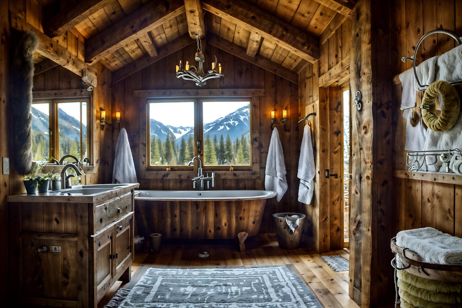 ski chalet-style (bathroom interior) with mirror and bathroom sink with faucet and bathtub and toilet seat and plant and bathroom cabinet and bath towel and waste basket. . with nature-inspired and hanging wall elk antler and animal rugs and exposed timber and wooden walls and exposed construction beams and exposed wood and animal furs. . cinematic photo, highly detailed, cinematic lighting, ultra-detailed, ultrarealistic, photorealism, 8k. ski chalet interior design style. masterpiece, cinematic light, ultrarealistic+, photorealistic+, 8k, raw photo, realistic, sharp focus on eyes, (symmetrical eyes), (intact eyes), hyperrealistic, highest quality, best quality, , highly detailed, masterpiece, best quality, extremely detailed 8k wallpaper, masterpiece, best quality, ultra-detailed, best shadow, detailed background, detailed face, detailed eyes, high contrast, best illumination, detailed face, dulux, caustic, dynamic angle, detailed glow. dramatic lighting. highly detailed, insanely detailed hair, symmetrical, intricate details, professionally retouched, 8k high definition. strong bokeh. award winning photo.