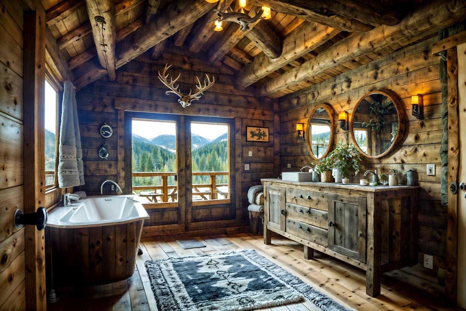 ski chalet-style (bathroom interior) with mirror and bathroom sink with faucet and bathtub and toilet seat and plant and bathroom cabinet and bath towel and waste basket. . with nature-inspired and hanging wall elk antler and animal rugs and exposed timber and wooden walls and exposed construction beams and exposed wood and animal furs. . cinematic photo, highly detailed, cinematic lighting, ultra-detailed, ultrarealistic, photorealism, 8k. ski chalet interior design style. masterpiece, cinematic light, ultrarealistic+, photorealistic+, 8k, raw photo, realistic, sharp focus on eyes, (symmetrical eyes), (intact eyes), hyperrealistic, highest quality, best quality, , highly detailed, masterpiece, best quality, extremely detailed 8k wallpaper, masterpiece, best quality, ultra-detailed, best shadow, detailed background, detailed face, detailed eyes, high contrast, best illumination, detailed face, dulux, caustic, dynamic angle, detailed glow. dramatic lighting. highly detailed, insanely detailed hair, symmetrical, intricate details, professionally retouched, 8k high definition. strong bokeh. award winning photo.