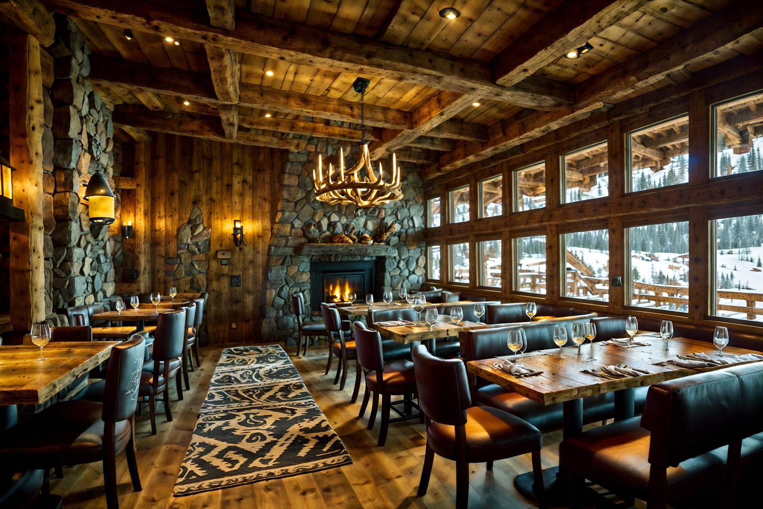 ski chalet-style (restaurant interior) with restaurant dining tables and restaurant decor and restaurant chairs and restaurant bar and restaurant dining tables. . with ski-themed decor and richly patterned fabrics and layered textiles and animal motifs and animal furs and rustic and stone fireplace and hanging wall elk antler. . cinematic photo, highly detailed, cinematic lighting, ultra-detailed, ultrarealistic, photorealism, 8k. ski chalet interior design style. masterpiece, cinematic light, ultrarealistic+, photorealistic+, 8k, raw photo, realistic, sharp focus on eyes, (symmetrical eyes), (intact eyes), hyperrealistic, highest quality, best quality, , highly detailed, masterpiece, best quality, extremely detailed 8k wallpaper, masterpiece, best quality, ultra-detailed, best shadow, detailed background, detailed face, detailed eyes, high contrast, best illumination, detailed face, dulux, caustic, dynamic angle, detailed glow. dramatic lighting. highly detailed, insanely detailed hair, symmetrical, intricate details, professionally retouched, 8k high definition. strong bokeh. award winning photo.