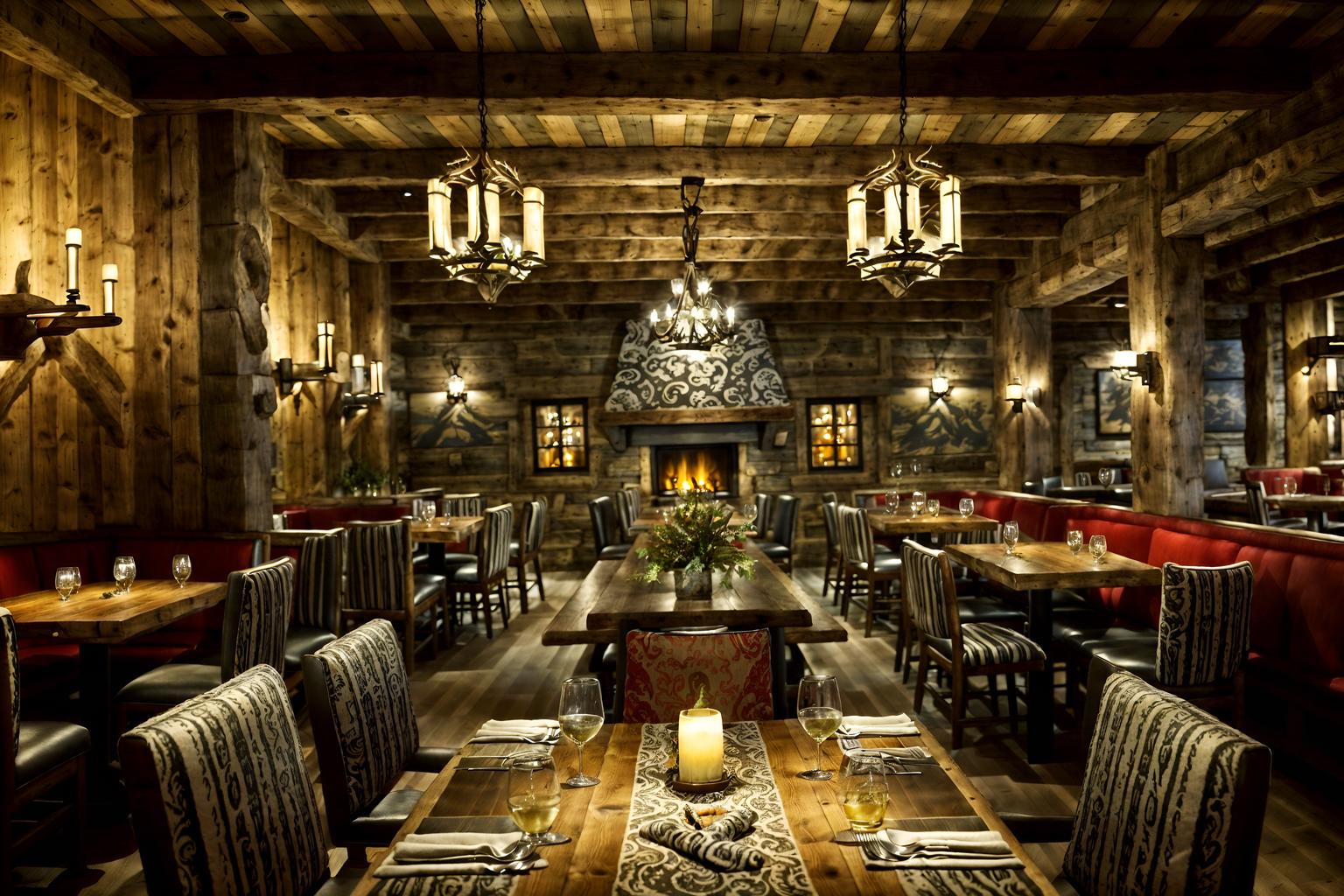 ski chalet-style (restaurant interior) with restaurant dining tables and restaurant decor and restaurant chairs and restaurant bar and restaurant dining tables. . with ski-themed decor and richly patterned fabrics and layered textiles and animal motifs and animal furs and rustic and stone fireplace and hanging wall elk antler. . cinematic photo, highly detailed, cinematic lighting, ultra-detailed, ultrarealistic, photorealism, 8k. ski chalet interior design style. masterpiece, cinematic light, ultrarealistic+, photorealistic+, 8k, raw photo, realistic, sharp focus on eyes, (symmetrical eyes), (intact eyes), hyperrealistic, highest quality, best quality, , highly detailed, masterpiece, best quality, extremely detailed 8k wallpaper, masterpiece, best quality, ultra-detailed, best shadow, detailed background, detailed face, detailed eyes, high contrast, best illumination, detailed face, dulux, caustic, dynamic angle, detailed glow. dramatic lighting. highly detailed, insanely detailed hair, symmetrical, intricate details, professionally retouched, 8k high definition. strong bokeh. award winning photo.