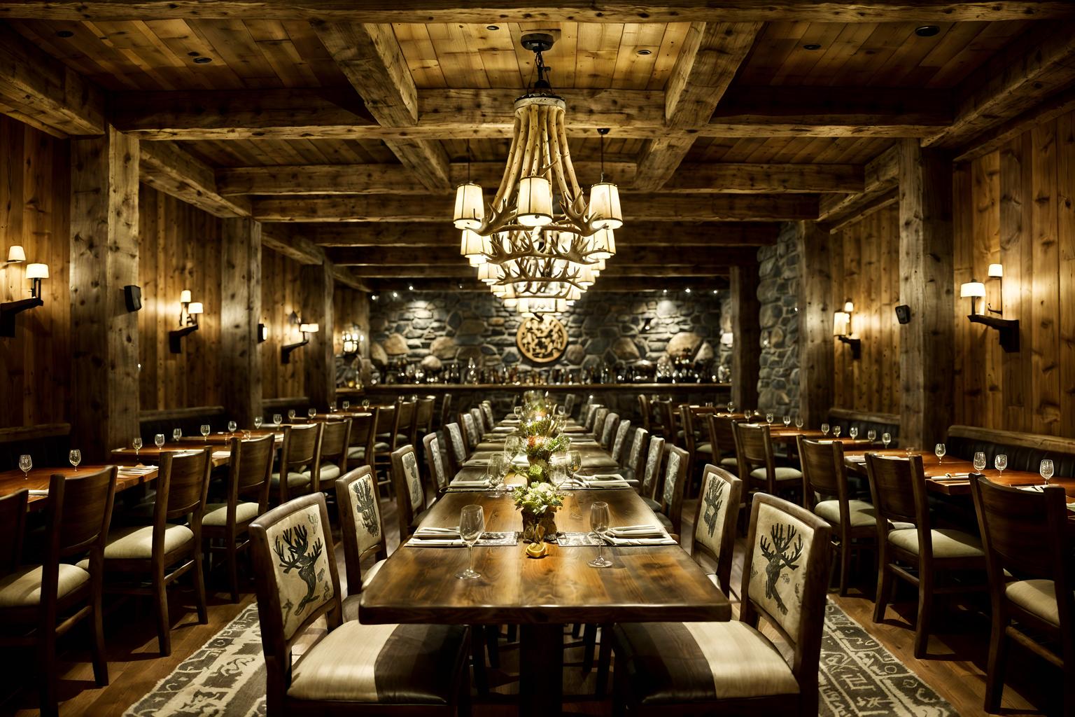 ski chalet-style (restaurant interior) with restaurant dining tables and restaurant decor and restaurant chairs and restaurant bar and restaurant dining tables. . with ski-themed decor and richly patterned fabrics and layered textiles and animal motifs and animal furs and rustic and stone fireplace and hanging wall elk antler. . cinematic photo, highly detailed, cinematic lighting, ultra-detailed, ultrarealistic, photorealism, 8k. ski chalet interior design style. masterpiece, cinematic light, ultrarealistic+, photorealistic+, 8k, raw photo, realistic, sharp focus on eyes, (symmetrical eyes), (intact eyes), hyperrealistic, highest quality, best quality, , highly detailed, masterpiece, best quality, extremely detailed 8k wallpaper, masterpiece, best quality, ultra-detailed, best shadow, detailed background, detailed face, detailed eyes, high contrast, best illumination, detailed face, dulux, caustic, dynamic angle, detailed glow. dramatic lighting. highly detailed, insanely detailed hair, symmetrical, intricate details, professionally retouched, 8k high definition. strong bokeh. award winning photo.