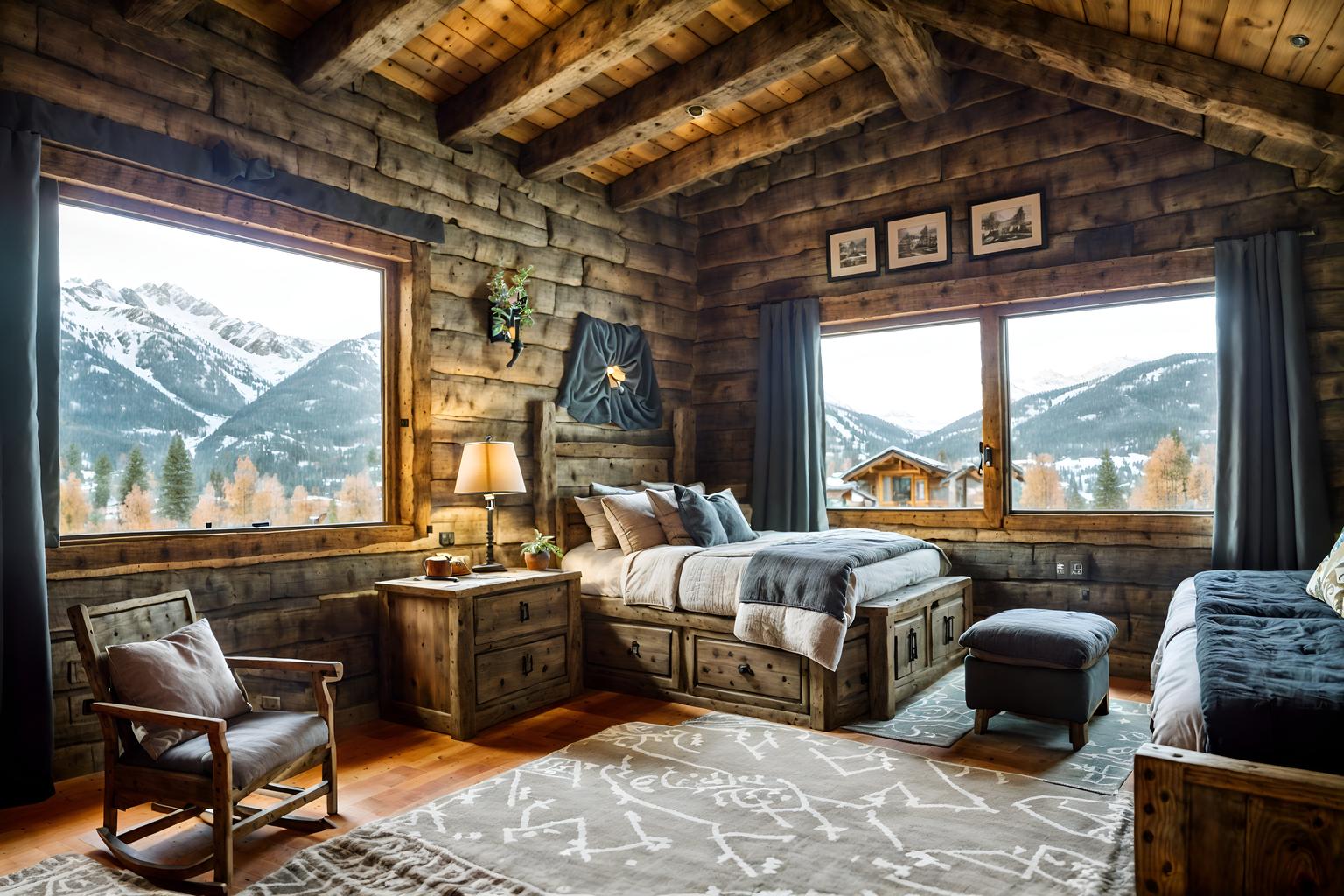 ski chalet-style (kids room interior) with storage bench or ottoman and kids desk and accent chair and headboard and night light and plant and bedside table or night stand and bed. . with rustic and wooden walls and layered textiles and exposed construction beams and stone fireplace and stone fireplace and wood beams and window with mountain views. . cinematic photo, highly detailed, cinematic lighting, ultra-detailed, ultrarealistic, photorealism, 8k. ski chalet interior design style. masterpiece, cinematic light, ultrarealistic+, photorealistic+, 8k, raw photo, realistic, sharp focus on eyes, (symmetrical eyes), (intact eyes), hyperrealistic, highest quality, best quality, , highly detailed, masterpiece, best quality, extremely detailed 8k wallpaper, masterpiece, best quality, ultra-detailed, best shadow, detailed background, detailed face, detailed eyes, high contrast, best illumination, detailed face, dulux, caustic, dynamic angle, detailed glow. dramatic lighting. highly detailed, insanely detailed hair, symmetrical, intricate details, professionally retouched, 8k high definition. strong bokeh. award winning photo.