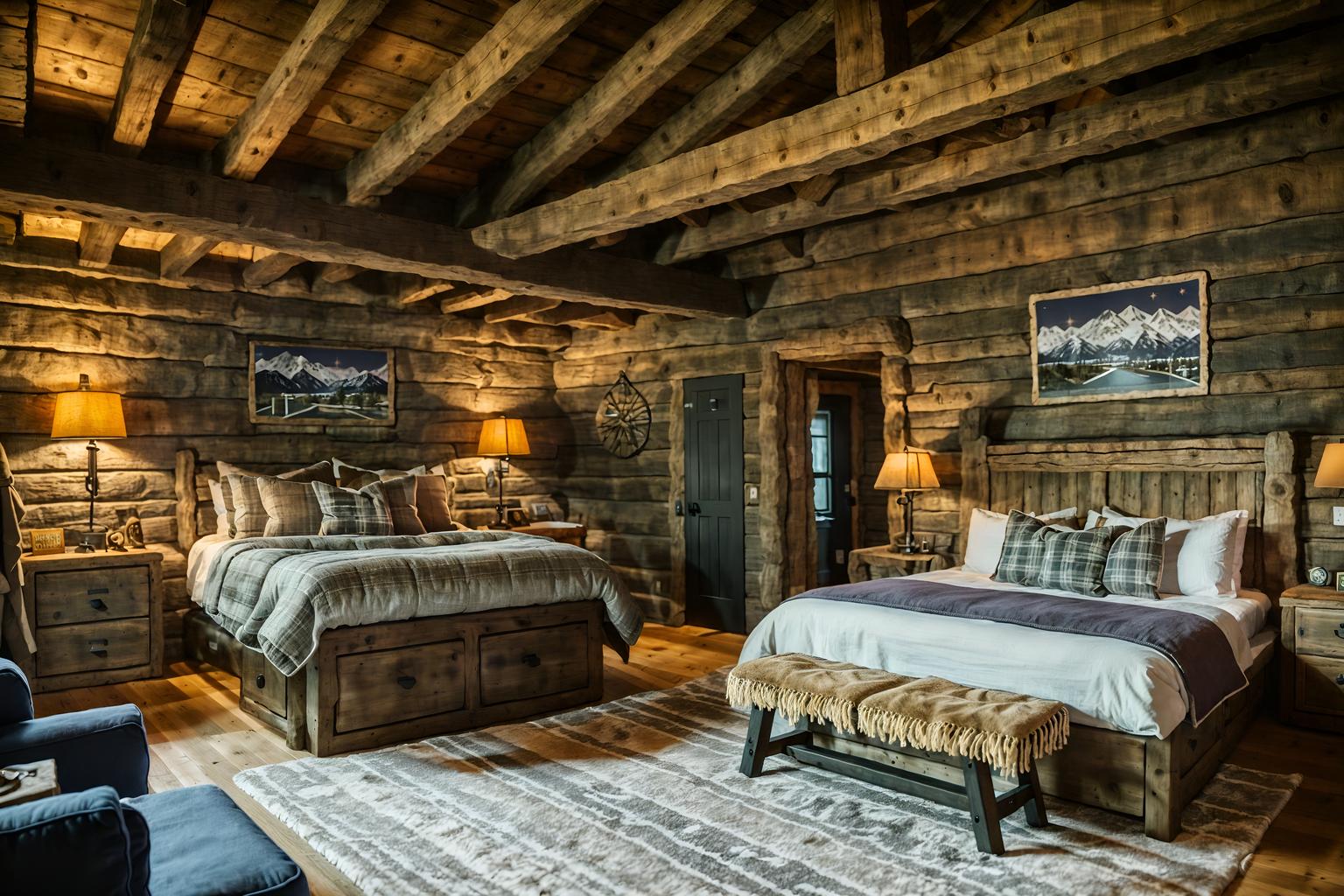 ski chalet-style (kids room interior) with storage bench or ottoman and kids desk and accent chair and headboard and night light and plant and bedside table or night stand and bed. . with rustic and wooden walls and layered textiles and exposed construction beams and stone fireplace and stone fireplace and wood beams and window with mountain views. . cinematic photo, highly detailed, cinematic lighting, ultra-detailed, ultrarealistic, photorealism, 8k. ski chalet interior design style. masterpiece, cinematic light, ultrarealistic+, photorealistic+, 8k, raw photo, realistic, sharp focus on eyes, (symmetrical eyes), (intact eyes), hyperrealistic, highest quality, best quality, , highly detailed, masterpiece, best quality, extremely detailed 8k wallpaper, masterpiece, best quality, ultra-detailed, best shadow, detailed background, detailed face, detailed eyes, high contrast, best illumination, detailed face, dulux, caustic, dynamic angle, detailed glow. dramatic lighting. highly detailed, insanely detailed hair, symmetrical, intricate details, professionally retouched, 8k high definition. strong bokeh. award winning photo.