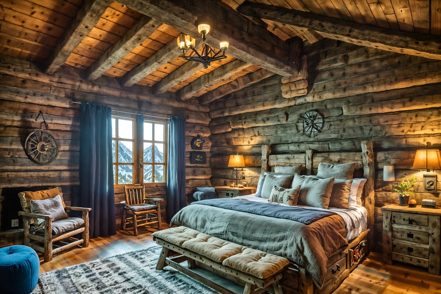 ski chalet-style (kids room interior) with storage bench or ottoman and kids desk and accent chair and headboard and night light and plant and bedside table or night stand and bed. . with rustic and wooden walls and layered textiles and exposed construction beams and stone fireplace and stone fireplace and wood beams and window with mountain views. . cinematic photo, highly detailed, cinematic lighting, ultra-detailed, ultrarealistic, photorealism, 8k. ski chalet interior design style. masterpiece, cinematic light, ultrarealistic+, photorealistic+, 8k, raw photo, realistic, sharp focus on eyes, (symmetrical eyes), (intact eyes), hyperrealistic, highest quality, best quality, , highly detailed, masterpiece, best quality, extremely detailed 8k wallpaper, masterpiece, best quality, ultra-detailed, best shadow, detailed background, detailed face, detailed eyes, high contrast, best illumination, detailed face, dulux, caustic, dynamic angle, detailed glow. dramatic lighting. highly detailed, insanely detailed hair, symmetrical, intricate details, professionally retouched, 8k high definition. strong bokeh. award winning photo.