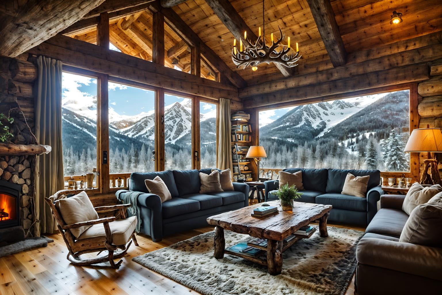 ski chalet-style (kitchen living combo interior) with sofa and coffee tables and chairs and electric lamps and televisions and plant and bookshelves and furniture. . with exposed wood and mountain-inspired and hanging wall elk antler and stone fireplace and window with mountain views and stone fireplace and wooden logs and nature-inspired. . cinematic photo, highly detailed, cinematic lighting, ultra-detailed, ultrarealistic, photorealism, 8k. ski chalet interior design style. masterpiece, cinematic light, ultrarealistic+, photorealistic+, 8k, raw photo, realistic, sharp focus on eyes, (symmetrical eyes), (intact eyes), hyperrealistic, highest quality, best quality, , highly detailed, masterpiece, best quality, extremely detailed 8k wallpaper, masterpiece, best quality, ultra-detailed, best shadow, detailed background, detailed face, detailed eyes, high contrast, best illumination, detailed face, dulux, caustic, dynamic angle, detailed glow. dramatic lighting. highly detailed, insanely detailed hair, symmetrical, intricate details, professionally retouched, 8k high definition. strong bokeh. award winning photo.