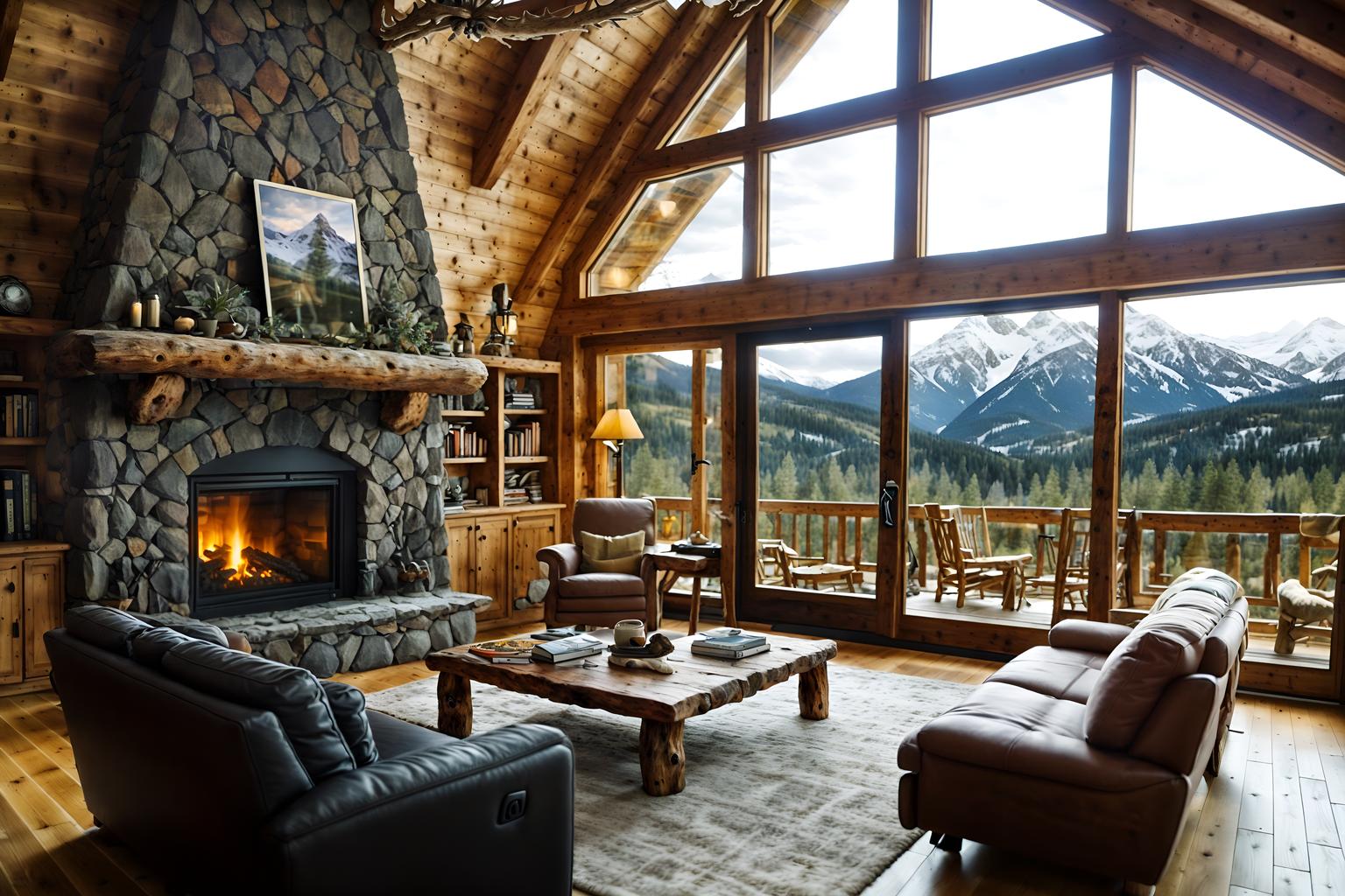 ski chalet-style (kitchen living combo interior) with sofa and coffee tables and chairs and electric lamps and televisions and plant and bookshelves and furniture. . with exposed wood and mountain-inspired and hanging wall elk antler and stone fireplace and window with mountain views and stone fireplace and wooden logs and nature-inspired. . cinematic photo, highly detailed, cinematic lighting, ultra-detailed, ultrarealistic, photorealism, 8k. ski chalet interior design style. masterpiece, cinematic light, ultrarealistic+, photorealistic+, 8k, raw photo, realistic, sharp focus on eyes, (symmetrical eyes), (intact eyes), hyperrealistic, highest quality, best quality, , highly detailed, masterpiece, best quality, extremely detailed 8k wallpaper, masterpiece, best quality, ultra-detailed, best shadow, detailed background, detailed face, detailed eyes, high contrast, best illumination, detailed face, dulux, caustic, dynamic angle, detailed glow. dramatic lighting. highly detailed, insanely detailed hair, symmetrical, intricate details, professionally retouched, 8k high definition. strong bokeh. award winning photo.