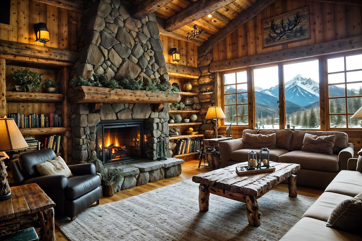 ski chalet-style (kitchen living combo interior) with sofa and coffee tables and chairs and electric lamps and televisions and plant and bookshelves and furniture. . with exposed wood and mountain-inspired and hanging wall elk antler and stone fireplace and window with mountain views and stone fireplace and wooden logs and nature-inspired. . cinematic photo, highly detailed, cinematic lighting, ultra-detailed, ultrarealistic, photorealism, 8k. ski chalet interior design style. masterpiece, cinematic light, ultrarealistic+, photorealistic+, 8k, raw photo, realistic, sharp focus on eyes, (symmetrical eyes), (intact eyes), hyperrealistic, highest quality, best quality, , highly detailed, masterpiece, best quality, extremely detailed 8k wallpaper, masterpiece, best quality, ultra-detailed, best shadow, detailed background, detailed face, detailed eyes, high contrast, best illumination, detailed face, dulux, caustic, dynamic angle, detailed glow. dramatic lighting. highly detailed, insanely detailed hair, symmetrical, intricate details, professionally retouched, 8k high definition. strong bokeh. award winning photo.
