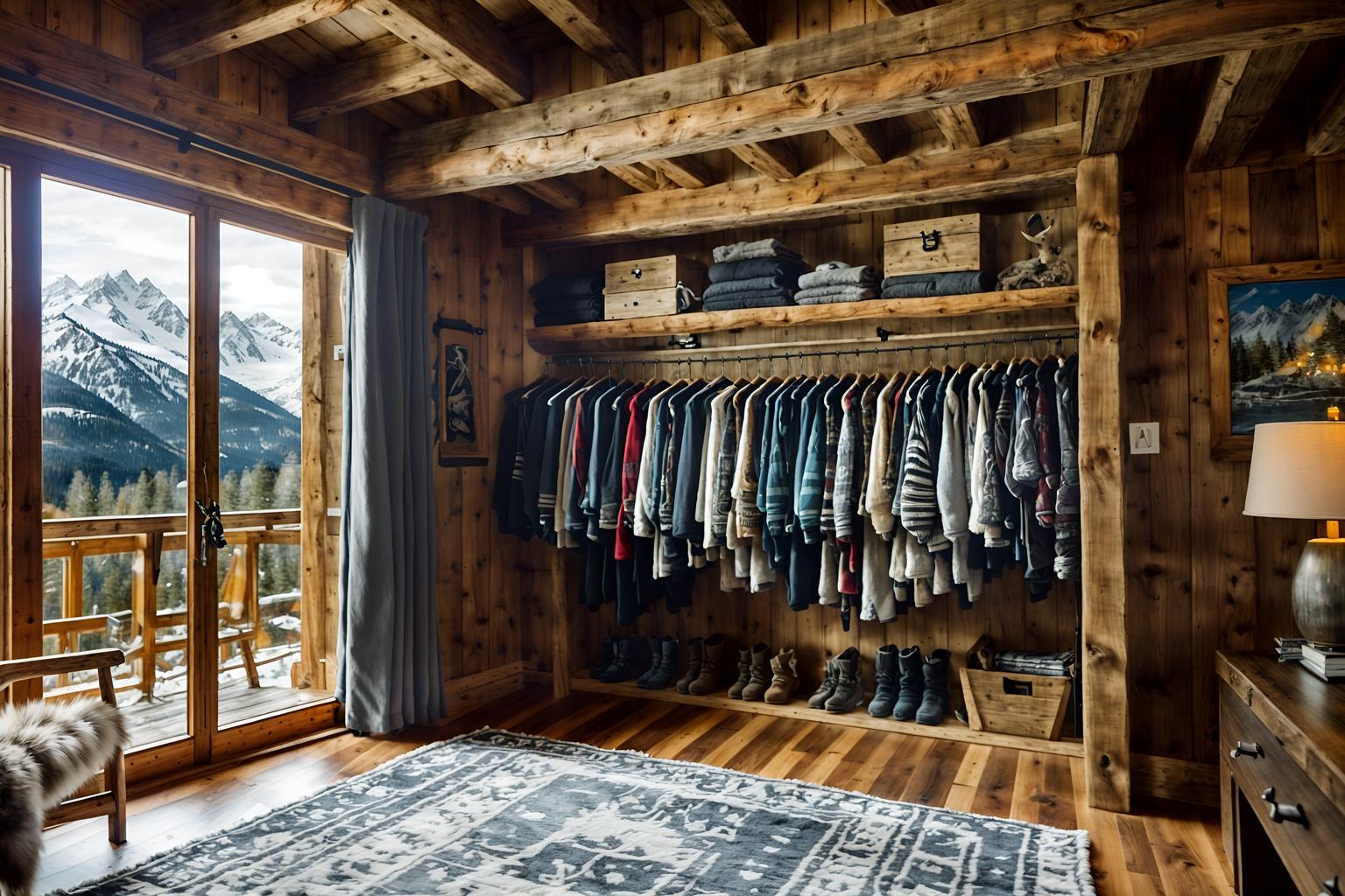 ski chalet-style (walk in closet interior) . with exposed timber and window with mountain views and layered textiles and exposed construction beams and animal furs and ski-themed decor and animal rugs and hanging wall elk antler. . cinematic photo, highly detailed, cinematic lighting, ultra-detailed, ultrarealistic, photorealism, 8k. ski chalet interior design style. masterpiece, cinematic light, ultrarealistic+, photorealistic+, 8k, raw photo, realistic, sharp focus on eyes, (symmetrical eyes), (intact eyes), hyperrealistic, highest quality, best quality, , highly detailed, masterpiece, best quality, extremely detailed 8k wallpaper, masterpiece, best quality, ultra-detailed, best shadow, detailed background, detailed face, detailed eyes, high contrast, best illumination, detailed face, dulux, caustic, dynamic angle, detailed glow. dramatic lighting. highly detailed, insanely detailed hair, symmetrical, intricate details, professionally retouched, 8k high definition. strong bokeh. award winning photo.