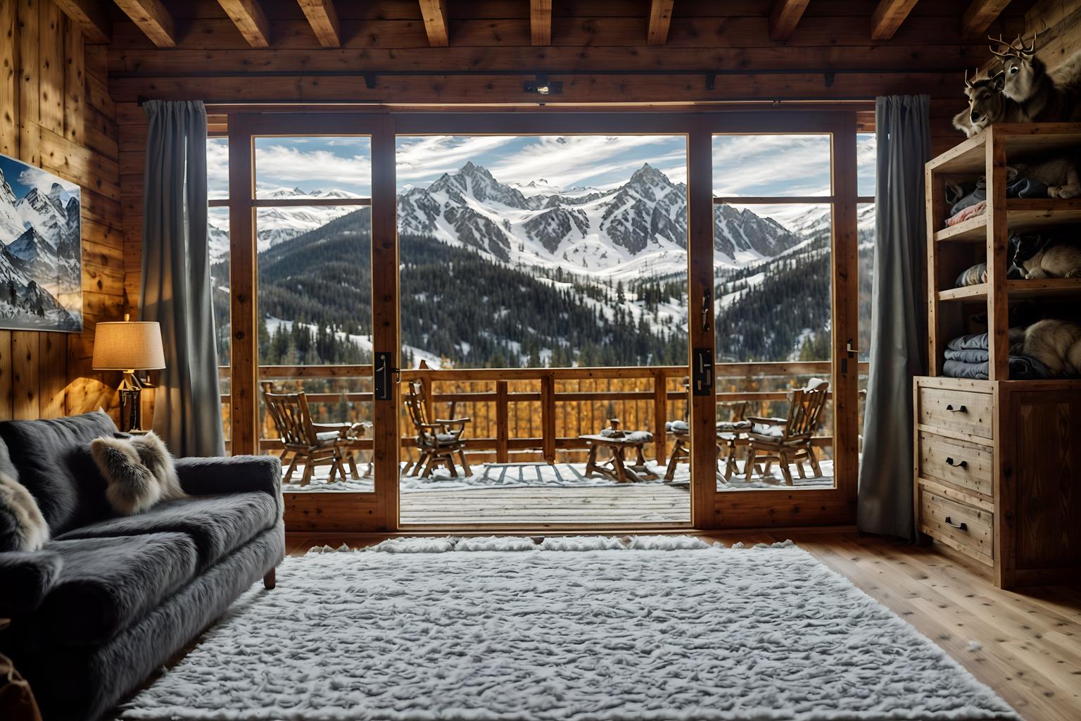 ski chalet-style (walk in closet interior) . with exposed timber and window with mountain views and layered textiles and exposed construction beams and animal furs and ski-themed decor and animal rugs and hanging wall elk antler. . cinematic photo, highly detailed, cinematic lighting, ultra-detailed, ultrarealistic, photorealism, 8k. ski chalet interior design style. masterpiece, cinematic light, ultrarealistic+, photorealistic+, 8k, raw photo, realistic, sharp focus on eyes, (symmetrical eyes), (intact eyes), hyperrealistic, highest quality, best quality, , highly detailed, masterpiece, best quality, extremely detailed 8k wallpaper, masterpiece, best quality, ultra-detailed, best shadow, detailed background, detailed face, detailed eyes, high contrast, best illumination, detailed face, dulux, caustic, dynamic angle, detailed glow. dramatic lighting. highly detailed, insanely detailed hair, symmetrical, intricate details, professionally retouched, 8k high definition. strong bokeh. award winning photo.