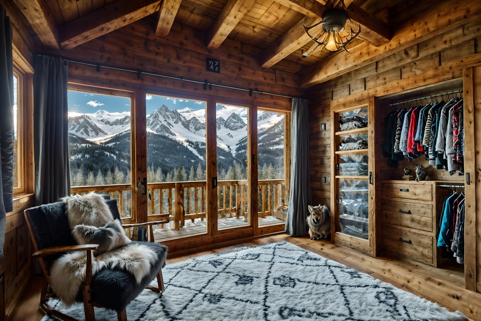 ski chalet-style (walk in closet interior) . with exposed timber and window with mountain views and layered textiles and exposed construction beams and animal furs and ski-themed decor and animal rugs and hanging wall elk antler. . cinematic photo, highly detailed, cinematic lighting, ultra-detailed, ultrarealistic, photorealism, 8k. ski chalet interior design style. masterpiece, cinematic light, ultrarealistic+, photorealistic+, 8k, raw photo, realistic, sharp focus on eyes, (symmetrical eyes), (intact eyes), hyperrealistic, highest quality, best quality, , highly detailed, masterpiece, best quality, extremely detailed 8k wallpaper, masterpiece, best quality, ultra-detailed, best shadow, detailed background, detailed face, detailed eyes, high contrast, best illumination, detailed face, dulux, caustic, dynamic angle, detailed glow. dramatic lighting. highly detailed, insanely detailed hair, symmetrical, intricate details, professionally retouched, 8k high definition. strong bokeh. award winning photo.