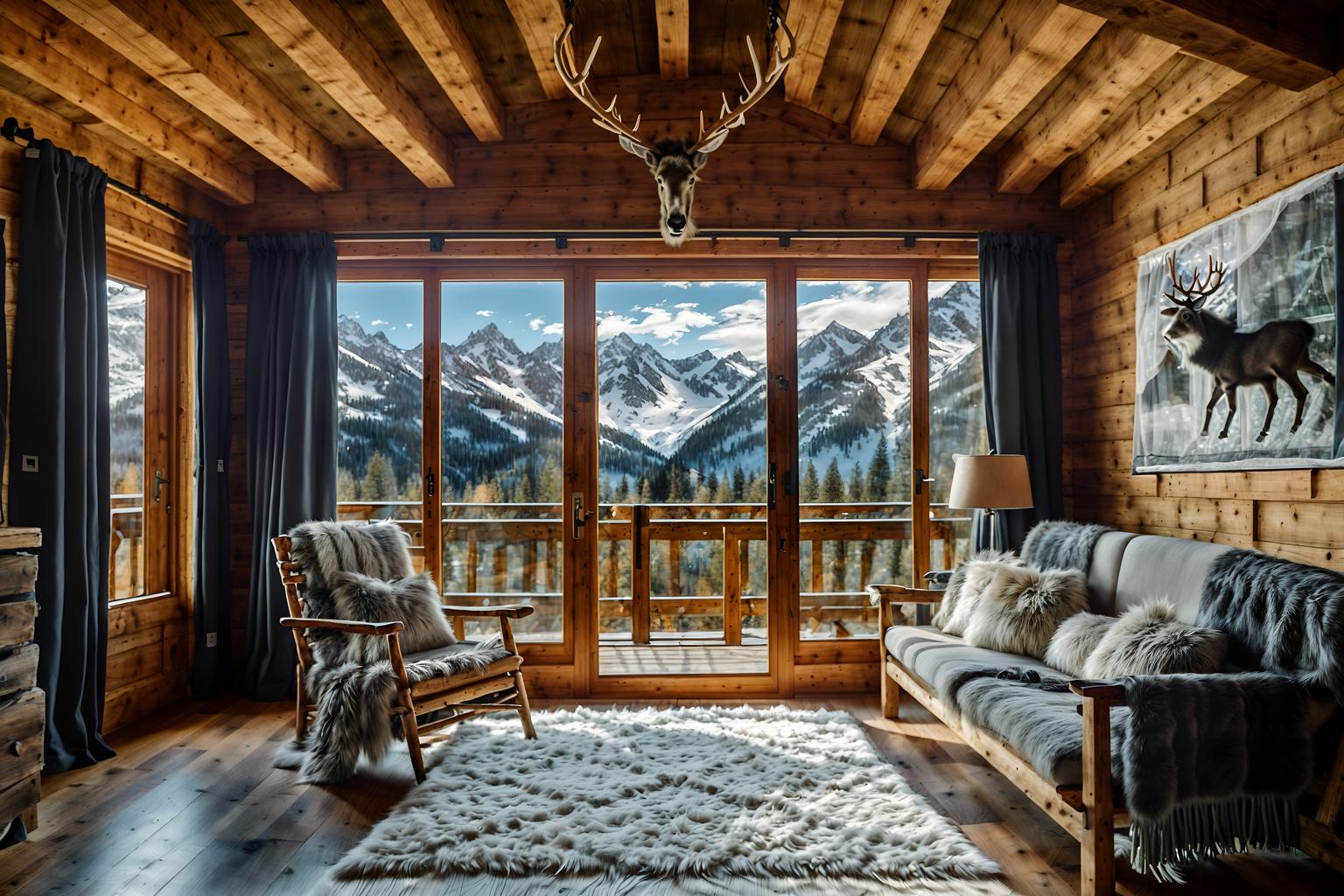 ski chalet-style (walk in closet interior) . with exposed timber and window with mountain views and layered textiles and exposed construction beams and animal furs and ski-themed decor and animal rugs and hanging wall elk antler. . cinematic photo, highly detailed, cinematic lighting, ultra-detailed, ultrarealistic, photorealism, 8k. ski chalet interior design style. masterpiece, cinematic light, ultrarealistic+, photorealistic+, 8k, raw photo, realistic, sharp focus on eyes, (symmetrical eyes), (intact eyes), hyperrealistic, highest quality, best quality, , highly detailed, masterpiece, best quality, extremely detailed 8k wallpaper, masterpiece, best quality, ultra-detailed, best shadow, detailed background, detailed face, detailed eyes, high contrast, best illumination, detailed face, dulux, caustic, dynamic angle, detailed glow. dramatic lighting. highly detailed, insanely detailed hair, symmetrical, intricate details, professionally retouched, 8k high definition. strong bokeh. award winning photo.