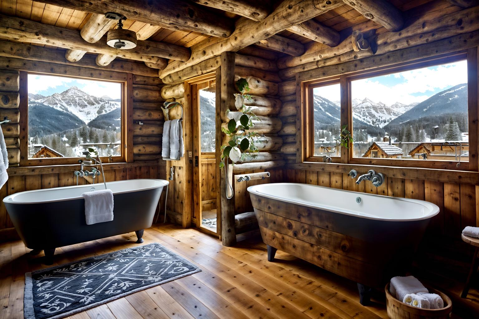 ski chalet-style (hotel bathroom interior) with bathtub and plant and bath rail and shower and bathroom cabinet and bathroom sink with faucet and mirror and waste basket. . with animal motifs and exposed construction beams and window with mountain views and mountain-inspired and richly patterned fabrics and wooden logs and wood beams and stone fireplace. . cinematic photo, highly detailed, cinematic lighting, ultra-detailed, ultrarealistic, photorealism, 8k. ski chalet interior design style. masterpiece, cinematic light, ultrarealistic+, photorealistic+, 8k, raw photo, realistic, sharp focus on eyes, (symmetrical eyes), (intact eyes), hyperrealistic, highest quality, best quality, , highly detailed, masterpiece, best quality, extremely detailed 8k wallpaper, masterpiece, best quality, ultra-detailed, best shadow, detailed background, detailed face, detailed eyes, high contrast, best illumination, detailed face, dulux, caustic, dynamic angle, detailed glow. dramatic lighting. highly detailed, insanely detailed hair, symmetrical, intricate details, professionally retouched, 8k high definition. strong bokeh. award winning photo.