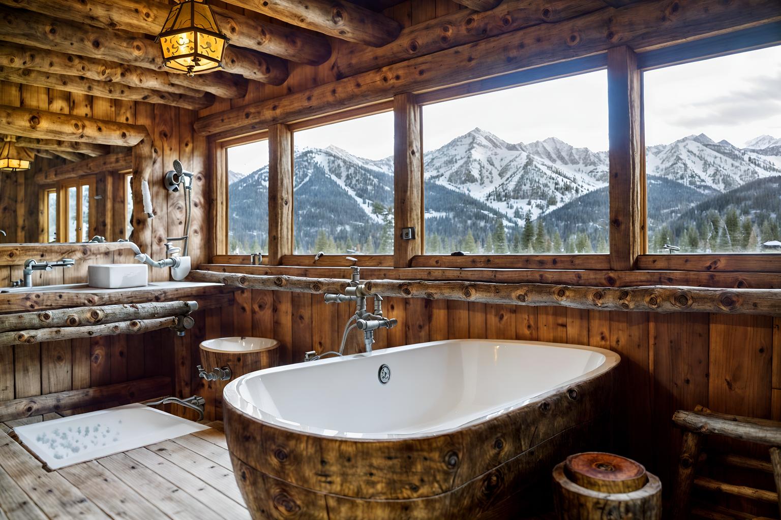 ski chalet-style (hotel bathroom interior) with bathtub and plant and bath rail and shower and bathroom cabinet and bathroom sink with faucet and mirror and waste basket. . with animal motifs and exposed construction beams and window with mountain views and mountain-inspired and richly patterned fabrics and wooden logs and wood beams and stone fireplace. . cinematic photo, highly detailed, cinematic lighting, ultra-detailed, ultrarealistic, photorealism, 8k. ski chalet interior design style. masterpiece, cinematic light, ultrarealistic+, photorealistic+, 8k, raw photo, realistic, sharp focus on eyes, (symmetrical eyes), (intact eyes), hyperrealistic, highest quality, best quality, , highly detailed, masterpiece, best quality, extremely detailed 8k wallpaper, masterpiece, best quality, ultra-detailed, best shadow, detailed background, detailed face, detailed eyes, high contrast, best illumination, detailed face, dulux, caustic, dynamic angle, detailed glow. dramatic lighting. highly detailed, insanely detailed hair, symmetrical, intricate details, professionally retouched, 8k high definition. strong bokeh. award winning photo.