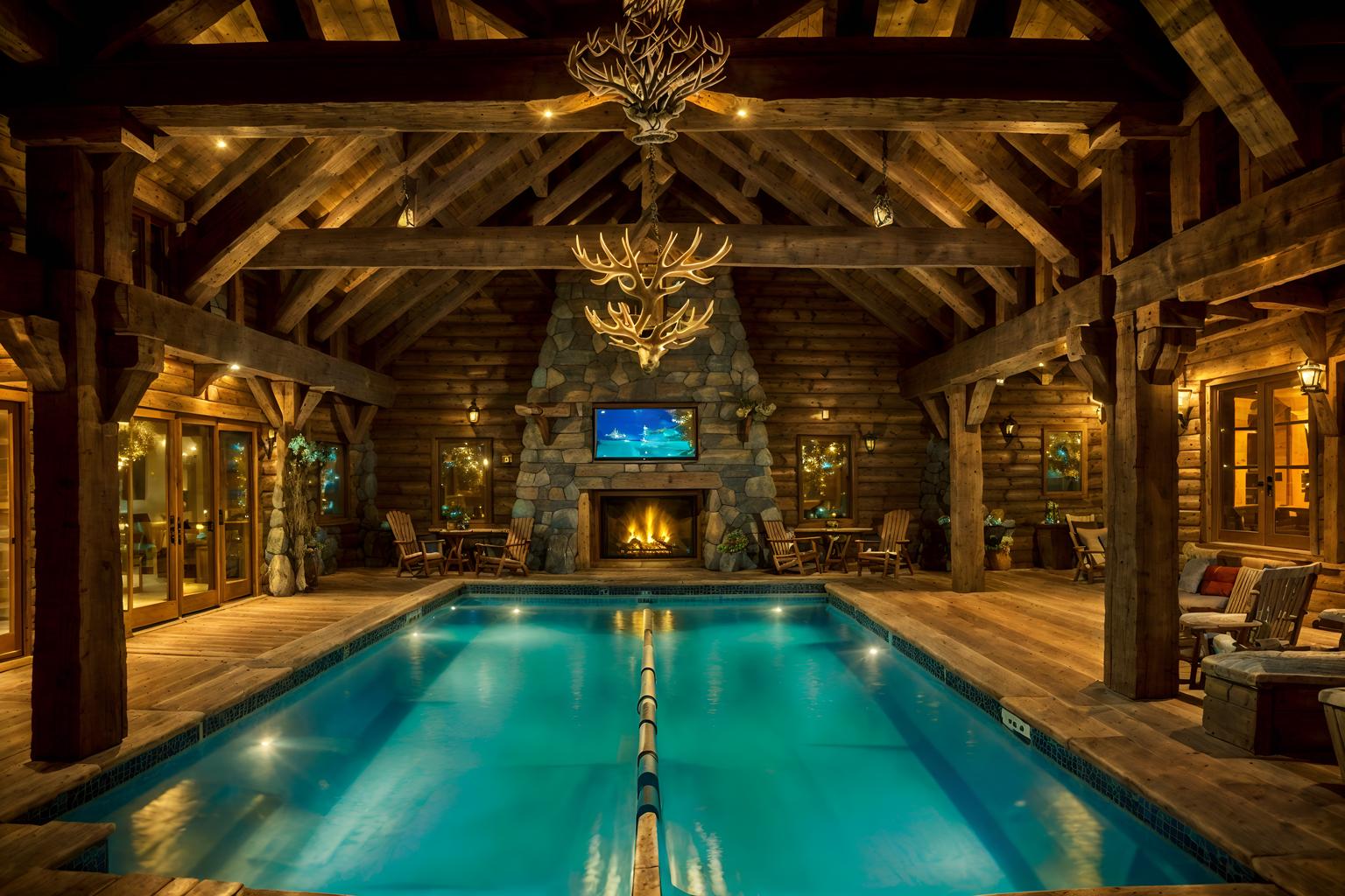 ski chalet-style designed (outdoor pool area ) with pool lights and pool and pool lounge chairs and pool lights. . with decorative carving and mouldings and layered textiles and hanging wall elk antler and exposed timber and mountain-inspired and wood beams and ski-themed decor and stone fireplace. . cinematic photo, highly detailed, cinematic lighting, ultra-detailed, ultrarealistic, photorealism, 8k. ski chalet design style. masterpiece, cinematic light, ultrarealistic+, photorealistic+, 8k, raw photo, realistic, sharp focus on eyes, (symmetrical eyes), (intact eyes), hyperrealistic, highest quality, best quality, , highly detailed, masterpiece, best quality, extremely detailed 8k wallpaper, masterpiece, best quality, ultra-detailed, best shadow, detailed background, detailed face, detailed eyes, high contrast, best illumination, detailed face, dulux, caustic, dynamic angle, detailed glow. dramatic lighting. highly detailed, insanely detailed hair, symmetrical, intricate details, professionally retouched, 8k high definition. strong bokeh. award winning photo.