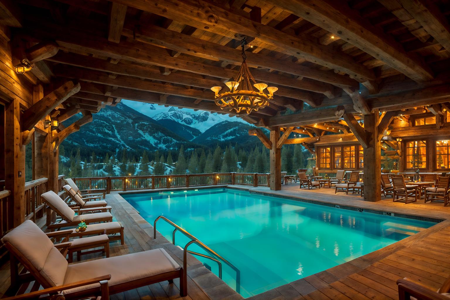 ski chalet-style designed (outdoor pool area ) with pool lights and pool and pool lounge chairs and pool lights. . with decorative carving and mouldings and layered textiles and hanging wall elk antler and exposed timber and mountain-inspired and wood beams and ski-themed decor and stone fireplace. . cinematic photo, highly detailed, cinematic lighting, ultra-detailed, ultrarealistic, photorealism, 8k. ski chalet design style. masterpiece, cinematic light, ultrarealistic+, photorealistic+, 8k, raw photo, realistic, sharp focus on eyes, (symmetrical eyes), (intact eyes), hyperrealistic, highest quality, best quality, , highly detailed, masterpiece, best quality, extremely detailed 8k wallpaper, masterpiece, best quality, ultra-detailed, best shadow, detailed background, detailed face, detailed eyes, high contrast, best illumination, detailed face, dulux, caustic, dynamic angle, detailed glow. dramatic lighting. highly detailed, insanely detailed hair, symmetrical, intricate details, professionally retouched, 8k high definition. strong bokeh. award winning photo.