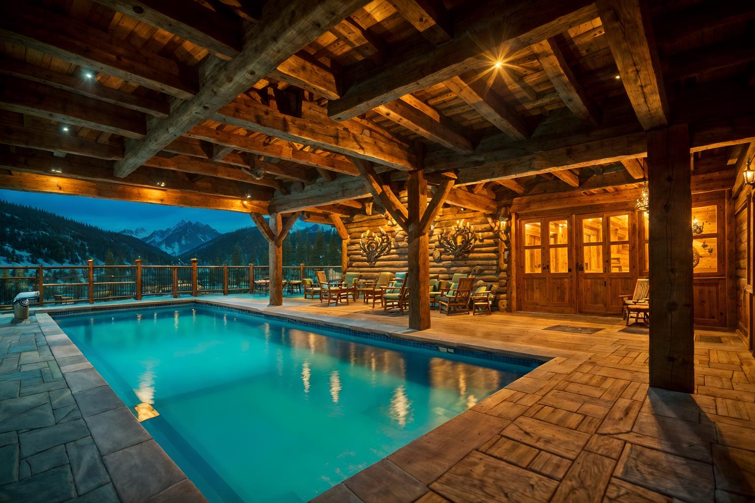 ski chalet-style designed (outdoor pool area ) with pool lights and pool and pool lounge chairs and pool lights. . with decorative carving and mouldings and layered textiles and hanging wall elk antler and exposed timber and mountain-inspired and wood beams and ski-themed decor and stone fireplace. . cinematic photo, highly detailed, cinematic lighting, ultra-detailed, ultrarealistic, photorealism, 8k. ski chalet design style. masterpiece, cinematic light, ultrarealistic+, photorealistic+, 8k, raw photo, realistic, sharp focus on eyes, (symmetrical eyes), (intact eyes), hyperrealistic, highest quality, best quality, , highly detailed, masterpiece, best quality, extremely detailed 8k wallpaper, masterpiece, best quality, ultra-detailed, best shadow, detailed background, detailed face, detailed eyes, high contrast, best illumination, detailed face, dulux, caustic, dynamic angle, detailed glow. dramatic lighting. highly detailed, insanely detailed hair, symmetrical, intricate details, professionally retouched, 8k high definition. strong bokeh. award winning photo.