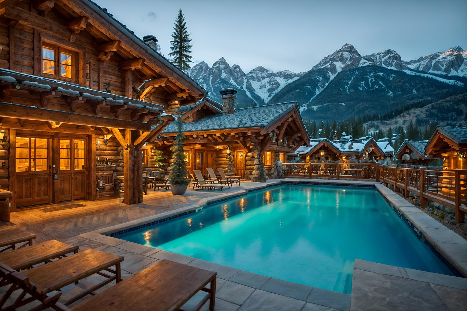 ski chalet-style designed (outdoor pool area ) with pool lights and pool and pool lounge chairs and pool lights. . with decorative carving and mouldings and layered textiles and hanging wall elk antler and exposed timber and mountain-inspired and wood beams and ski-themed decor and stone fireplace. . cinematic photo, highly detailed, cinematic lighting, ultra-detailed, ultrarealistic, photorealism, 8k. ski chalet design style. masterpiece, cinematic light, ultrarealistic+, photorealistic+, 8k, raw photo, realistic, sharp focus on eyes, (symmetrical eyes), (intact eyes), hyperrealistic, highest quality, best quality, , highly detailed, masterpiece, best quality, extremely detailed 8k wallpaper, masterpiece, best quality, ultra-detailed, best shadow, detailed background, detailed face, detailed eyes, high contrast, best illumination, detailed face, dulux, caustic, dynamic angle, detailed glow. dramatic lighting. highly detailed, insanely detailed hair, symmetrical, intricate details, professionally retouched, 8k high definition. strong bokeh. award winning photo.