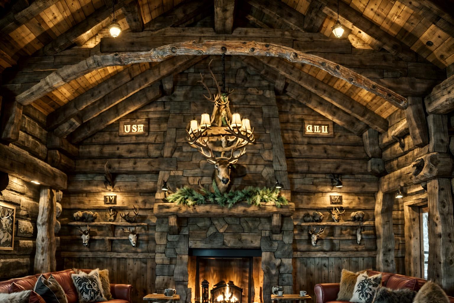 ski chalet-style (coffee shop interior) . with wood beams and stone fireplace and ski-themed decor and wooden walls and animal motifs and hanging wall elk antler and wooden logs and animal furs. . cinematic photo, highly detailed, cinematic lighting, ultra-detailed, ultrarealistic, photorealism, 8k. ski chalet interior design style. masterpiece, cinematic light, ultrarealistic+, photorealistic+, 8k, raw photo, realistic, sharp focus on eyes, (symmetrical eyes), (intact eyes), hyperrealistic, highest quality, best quality, , highly detailed, masterpiece, best quality, extremely detailed 8k wallpaper, masterpiece, best quality, ultra-detailed, best shadow, detailed background, detailed face, detailed eyes, high contrast, best illumination, detailed face, dulux, caustic, dynamic angle, detailed glow. dramatic lighting. highly detailed, insanely detailed hair, symmetrical, intricate details, professionally retouched, 8k high definition. strong bokeh. award winning photo.