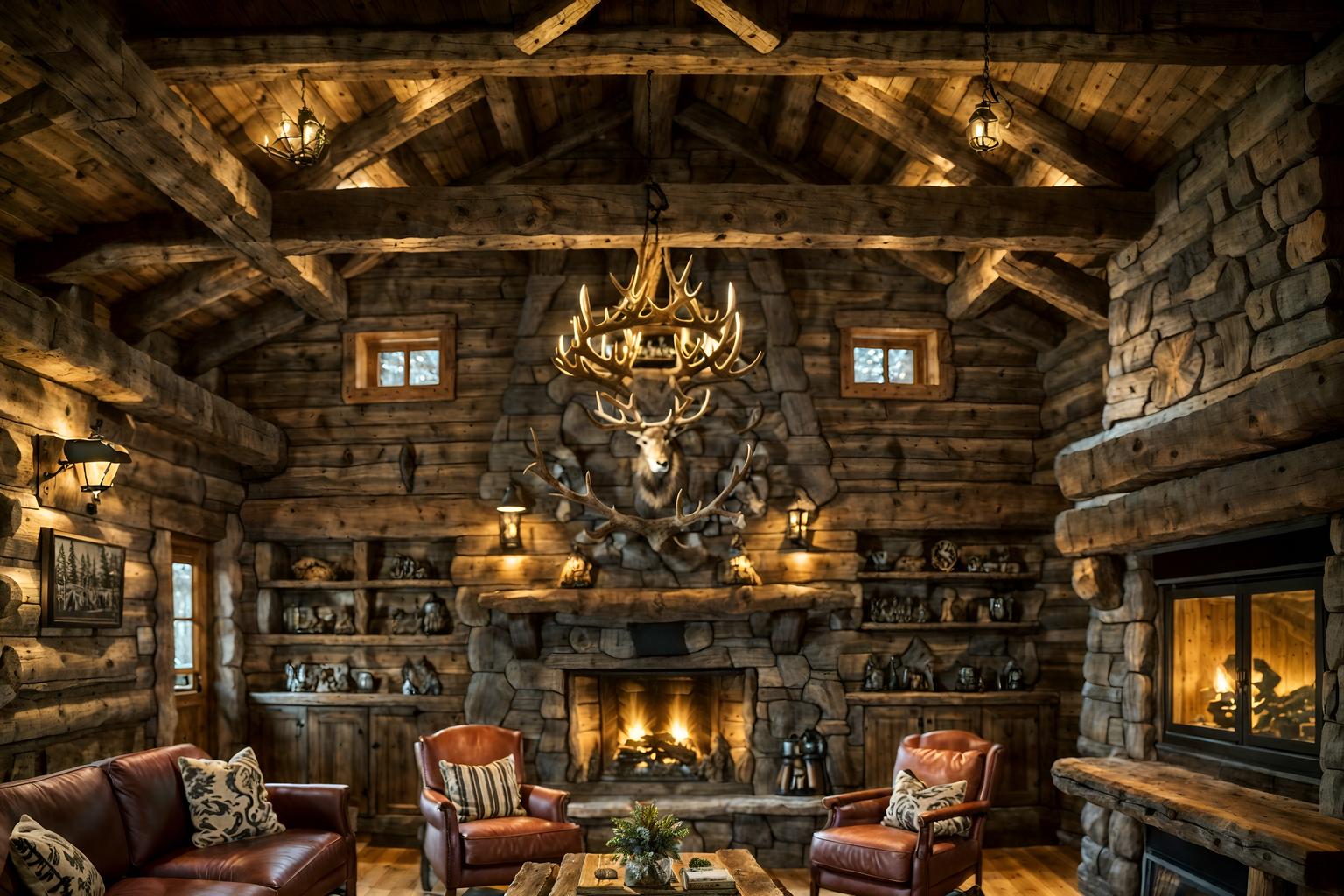 ski chalet-style (coffee shop interior) . with wood beams and stone fireplace and ski-themed decor and wooden walls and animal motifs and hanging wall elk antler and wooden logs and animal furs. . cinematic photo, highly detailed, cinematic lighting, ultra-detailed, ultrarealistic, photorealism, 8k. ski chalet interior design style. masterpiece, cinematic light, ultrarealistic+, photorealistic+, 8k, raw photo, realistic, sharp focus on eyes, (symmetrical eyes), (intact eyes), hyperrealistic, highest quality, best quality, , highly detailed, masterpiece, best quality, extremely detailed 8k wallpaper, masterpiece, best quality, ultra-detailed, best shadow, detailed background, detailed face, detailed eyes, high contrast, best illumination, detailed face, dulux, caustic, dynamic angle, detailed glow. dramatic lighting. highly detailed, insanely detailed hair, symmetrical, intricate details, professionally retouched, 8k high definition. strong bokeh. award winning photo.