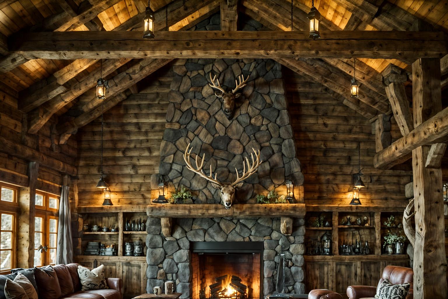 ski chalet-style (coffee shop interior) . with wood beams and stone fireplace and ski-themed decor and wooden walls and animal motifs and hanging wall elk antler and wooden logs and animal furs. . cinematic photo, highly detailed, cinematic lighting, ultra-detailed, ultrarealistic, photorealism, 8k. ski chalet interior design style. masterpiece, cinematic light, ultrarealistic+, photorealistic+, 8k, raw photo, realistic, sharp focus on eyes, (symmetrical eyes), (intact eyes), hyperrealistic, highest quality, best quality, , highly detailed, masterpiece, best quality, extremely detailed 8k wallpaper, masterpiece, best quality, ultra-detailed, best shadow, detailed background, detailed face, detailed eyes, high contrast, best illumination, detailed face, dulux, caustic, dynamic angle, detailed glow. dramatic lighting. highly detailed, insanely detailed hair, symmetrical, intricate details, professionally retouched, 8k high definition. strong bokeh. award winning photo.