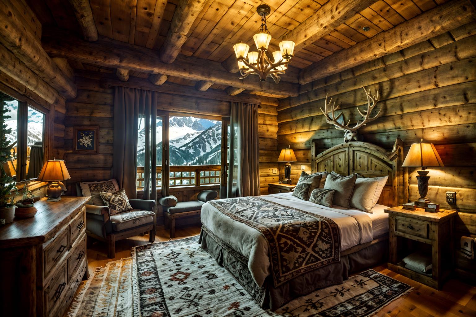 ski chalet-style (hotel room interior) with plant and mirror and bed and hotel bathroom and dresser closet and storage bench or ottoman and headboard and night light. . with mountain-inspired and exposed wood and rustic and decorative carving and mouldings and ski-themed decor and animal rugs and richly patterned fabrics and hanging wall elk antler. . cinematic photo, highly detailed, cinematic lighting, ultra-detailed, ultrarealistic, photorealism, 8k. ski chalet interior design style. masterpiece, cinematic light, ultrarealistic+, photorealistic+, 8k, raw photo, realistic, sharp focus on eyes, (symmetrical eyes), (intact eyes), hyperrealistic, highest quality, best quality, , highly detailed, masterpiece, best quality, extremely detailed 8k wallpaper, masterpiece, best quality, ultra-detailed, best shadow, detailed background, detailed face, detailed eyes, high contrast, best illumination, detailed face, dulux, caustic, dynamic angle, detailed glow. dramatic lighting. highly detailed, insanely detailed hair, symmetrical, intricate details, professionally retouched, 8k high definition. strong bokeh. award winning photo.