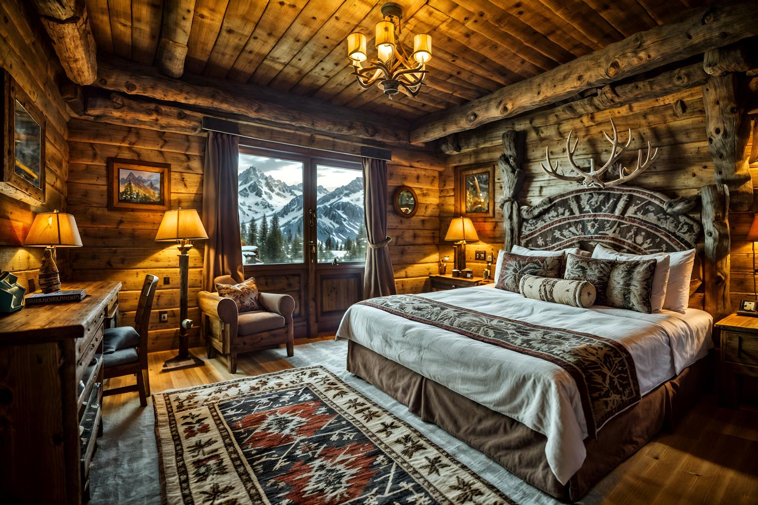 ski chalet-style (hotel room interior) with plant and mirror and bed and hotel bathroom and dresser closet and storage bench or ottoman and headboard and night light. . with mountain-inspired and exposed wood and rustic and decorative carving and mouldings and ski-themed decor and animal rugs and richly patterned fabrics and hanging wall elk antler. . cinematic photo, highly detailed, cinematic lighting, ultra-detailed, ultrarealistic, photorealism, 8k. ski chalet interior design style. masterpiece, cinematic light, ultrarealistic+, photorealistic+, 8k, raw photo, realistic, sharp focus on eyes, (symmetrical eyes), (intact eyes), hyperrealistic, highest quality, best quality, , highly detailed, masterpiece, best quality, extremely detailed 8k wallpaper, masterpiece, best quality, ultra-detailed, best shadow, detailed background, detailed face, detailed eyes, high contrast, best illumination, detailed face, dulux, caustic, dynamic angle, detailed glow. dramatic lighting. highly detailed, insanely detailed hair, symmetrical, intricate details, professionally retouched, 8k high definition. strong bokeh. award winning photo.