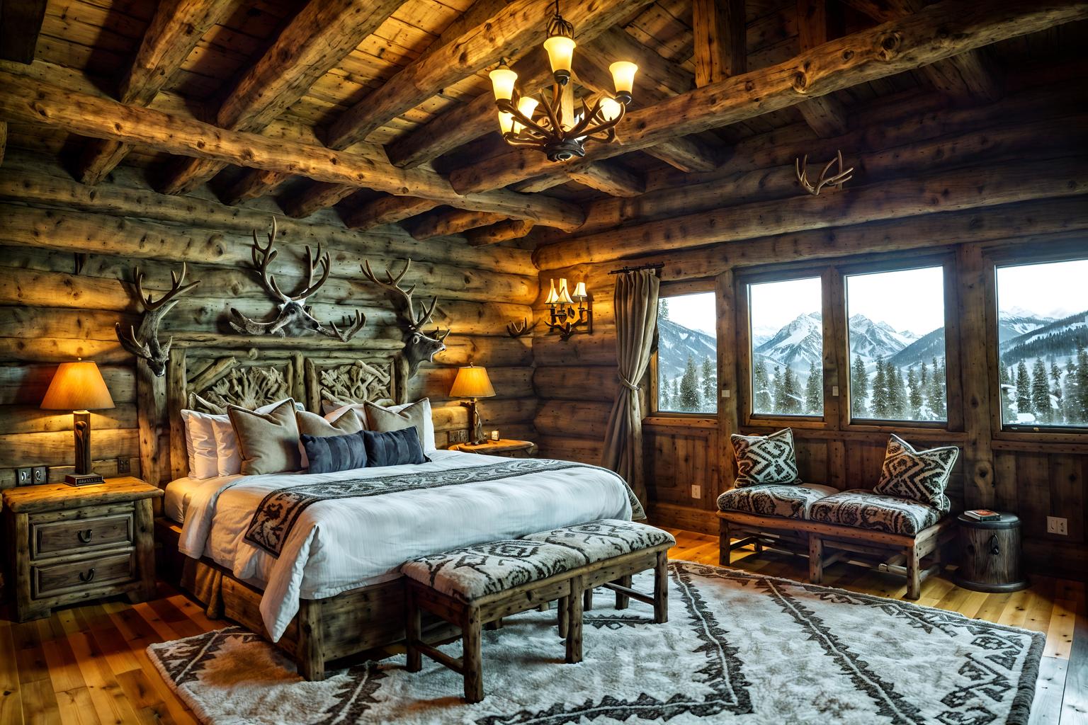 ski chalet-style (hotel room interior) with plant and mirror and bed and hotel bathroom and dresser closet and storage bench or ottoman and headboard and night light. . with mountain-inspired and exposed wood and rustic and decorative carving and mouldings and ski-themed decor and animal rugs and richly patterned fabrics and hanging wall elk antler. . cinematic photo, highly detailed, cinematic lighting, ultra-detailed, ultrarealistic, photorealism, 8k. ski chalet interior design style. masterpiece, cinematic light, ultrarealistic+, photorealistic+, 8k, raw photo, realistic, sharp focus on eyes, (symmetrical eyes), (intact eyes), hyperrealistic, highest quality, best quality, , highly detailed, masterpiece, best quality, extremely detailed 8k wallpaper, masterpiece, best quality, ultra-detailed, best shadow, detailed background, detailed face, detailed eyes, high contrast, best illumination, detailed face, dulux, caustic, dynamic angle, detailed glow. dramatic lighting. highly detailed, insanely detailed hair, symmetrical, intricate details, professionally retouched, 8k high definition. strong bokeh. award winning photo.